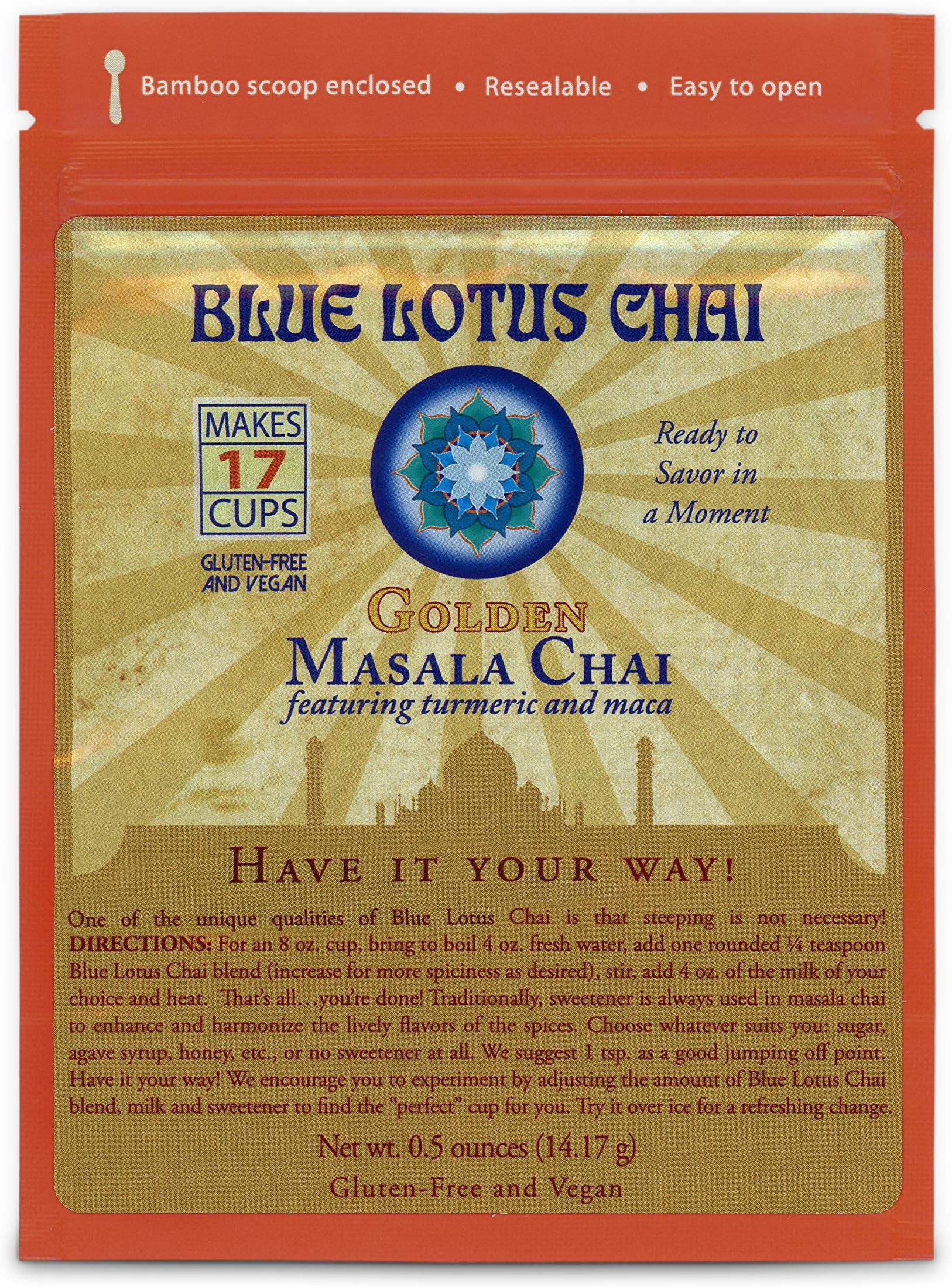 Masala Chai by Blue Lotus Chai - Gluten-Free and Vegan - Golden Flavor - 0.5 Oz Resealable Pouch