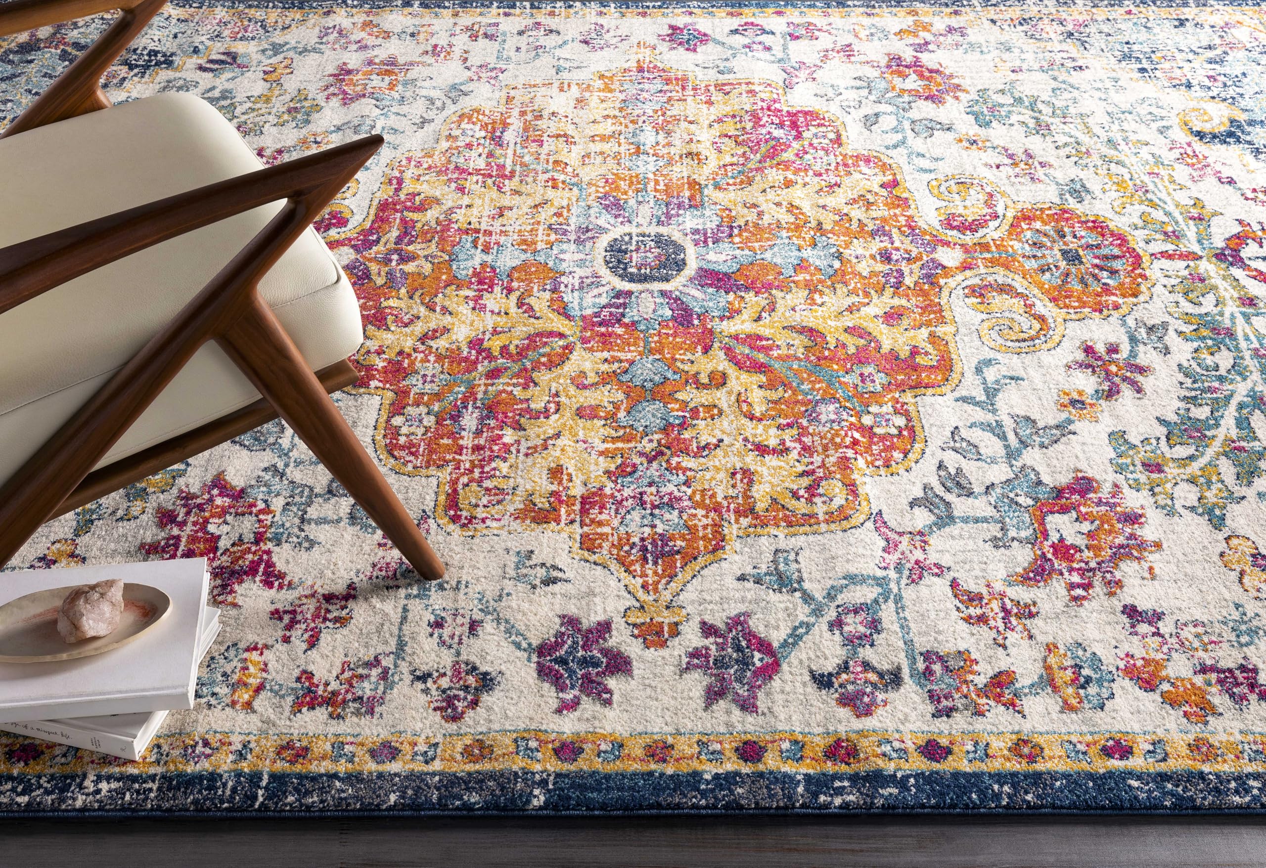 Livabliss Asmara Vintage Teppich groß - Teppich Wohnzimmer 160x220 cm, Esszimmer, Schlafzimmer, Orientalischer Teppiche Boho Style - Carpet Living Room, Bunter Muster, Blau und Orange
