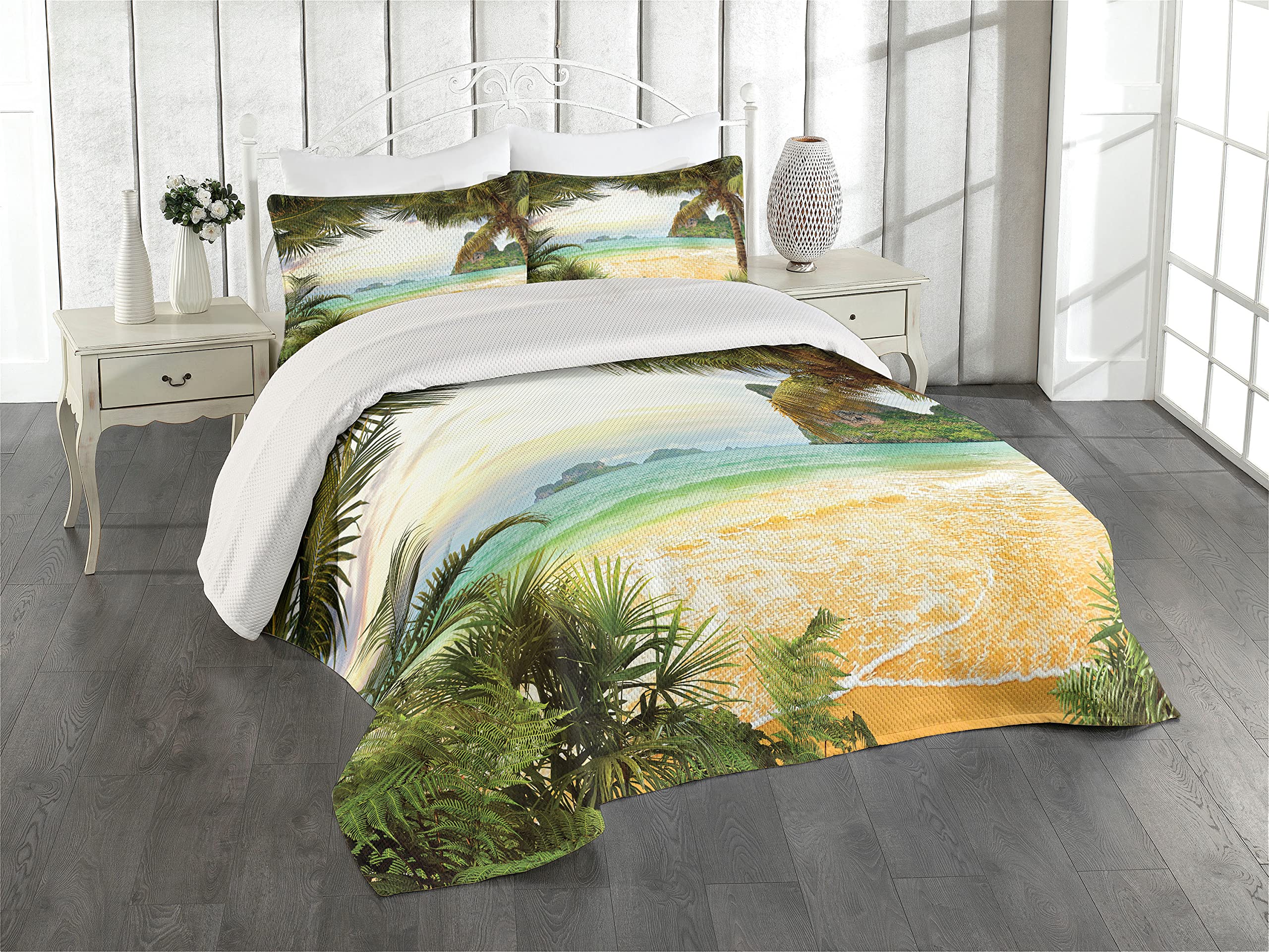 Ambesonne Ocean Coverlet, Palm Coconut Trees and Ocean Waves Mountains on Paradise Island Beach Image, 3 Piece Decorative Quilted Bedspread Set with 2 Pillow Shams, Queen Size, Green Brown Cream