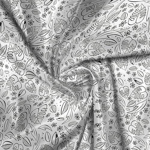 Miniatura 4 de Ambesonne Floral Fabric by The Yard, Monochrome Leaves and Flowers Spring Daisy Meadow Blossoms Illustration, Decorative Satin Fabric for Home