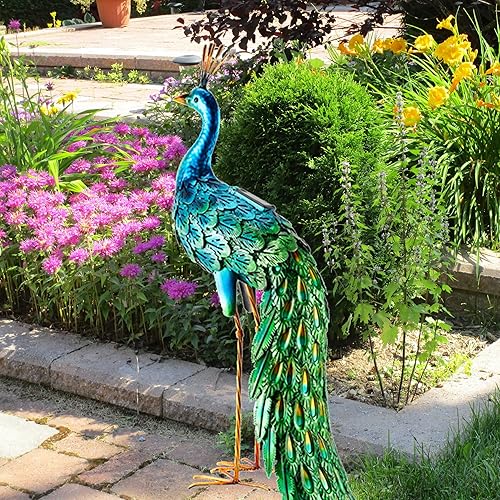 Miniatura 8 de Estatua Chisheen de pavo real solar para jardín, decoración de jardín, arte de metal para el césped, terraza, fiesta, decoración de boda