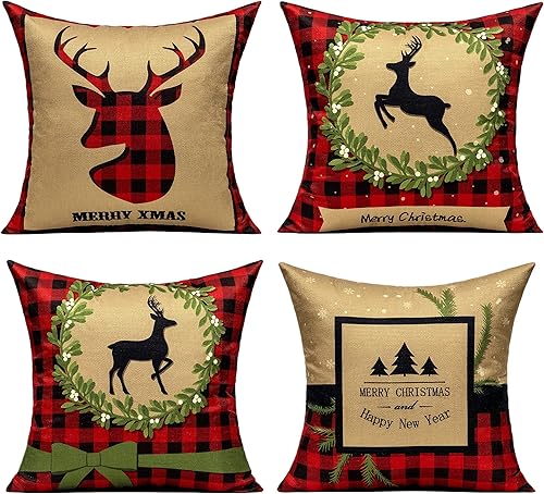 All Smiles Fundas de almohada de Navidad, color rojo y dorado, fundas de cojín a cuadros de búfalo, decoración de Año Nuevo, 20 x 20 pulgadas,