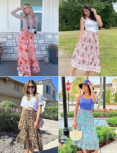 Miniatura 5 de MEROKEETY - Falda larga por debajo de la rodilla, acampanada y plisada de cintura alta con estampado floral bohemio para mujer