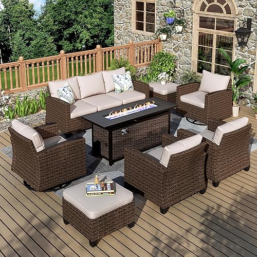 MIXPATIO Swivel Glider Patio Furniture Set, 8 Pcs Wicker Outdoor Conversation Set, 2 x Swivel Chairs, 2 x Leg Chairs, 1 x 3 Seater Sofa and 2 x Ottomans and 56" Fire Pit Table, Beige