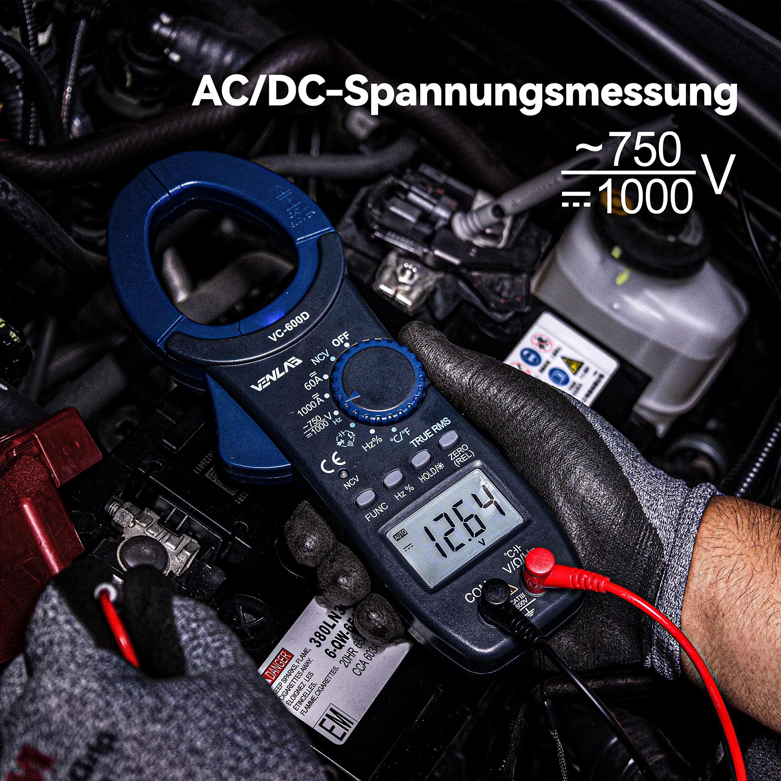 VENLAB Stromzange 1000A True-RMS AC/DC-amperezange, CAT III 600 V Auto-Range 6000 Zähler, Strommesszange für KFZ Haushalt Auto, Misst Spannung Strom Temperatur Widerstand Frequenz (VC-600D)
