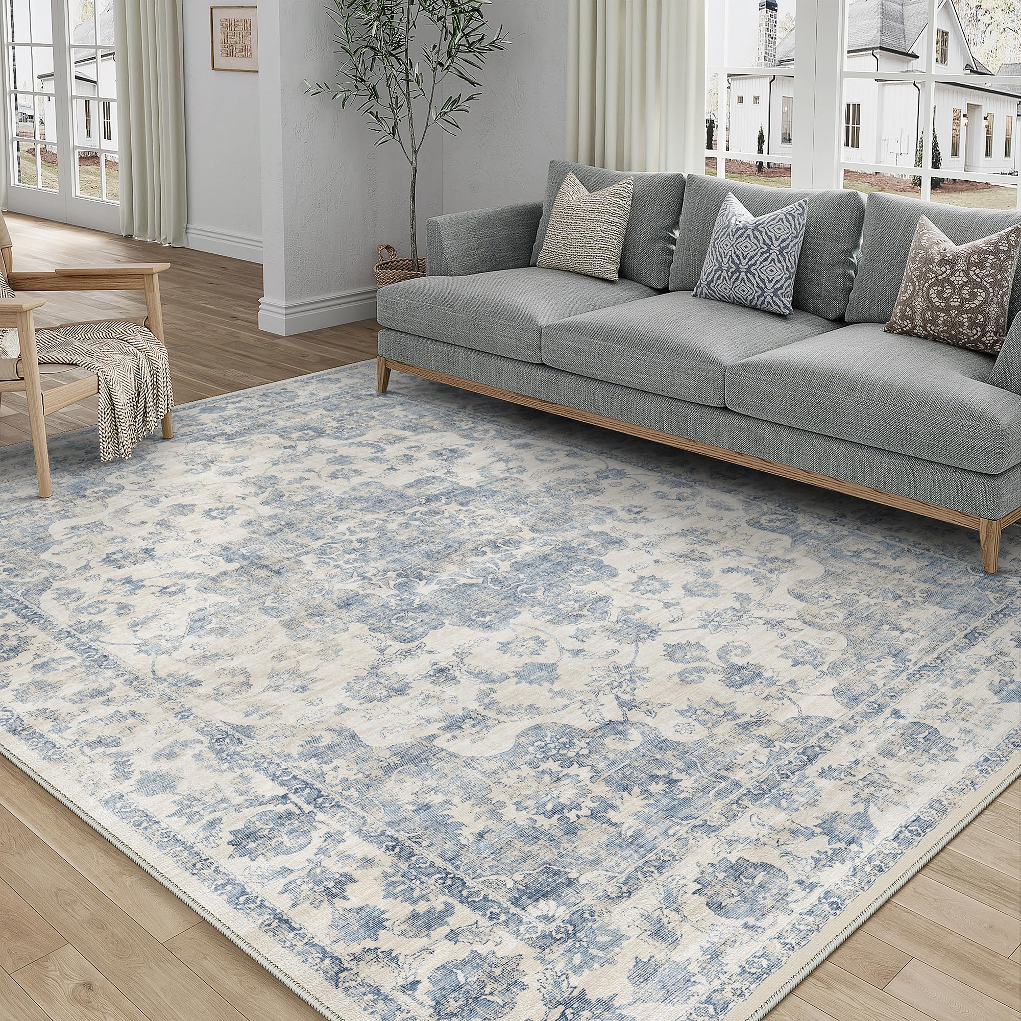 5x7 washable neutral area rug blue vintage living room bedroom carpet non-slip soft low pile floral indoor throw rug for dining room entryway office