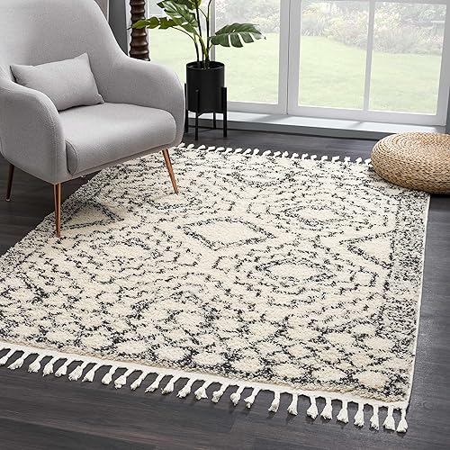 Hauteloom Colección Berber Shag Buan - Alfombra rústica con borlas para sala de estar y dormitorio, de pelo alto, felpa mullida y estilo tribal