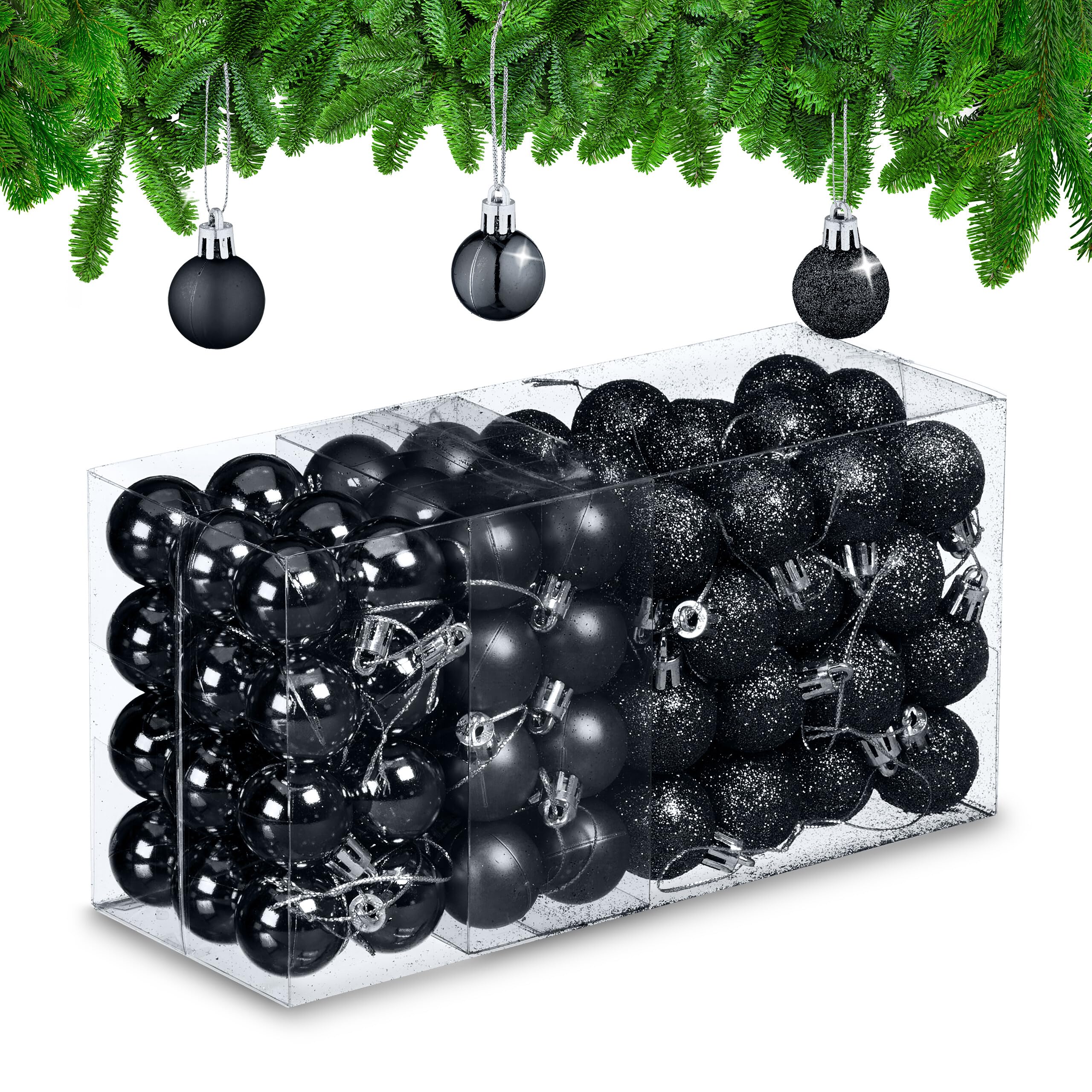 Relaxdays Christmas Baubles Set of 96, Glittering, Matt and Sparkles, Plastic, Traditional Spheres, Decorations, Black