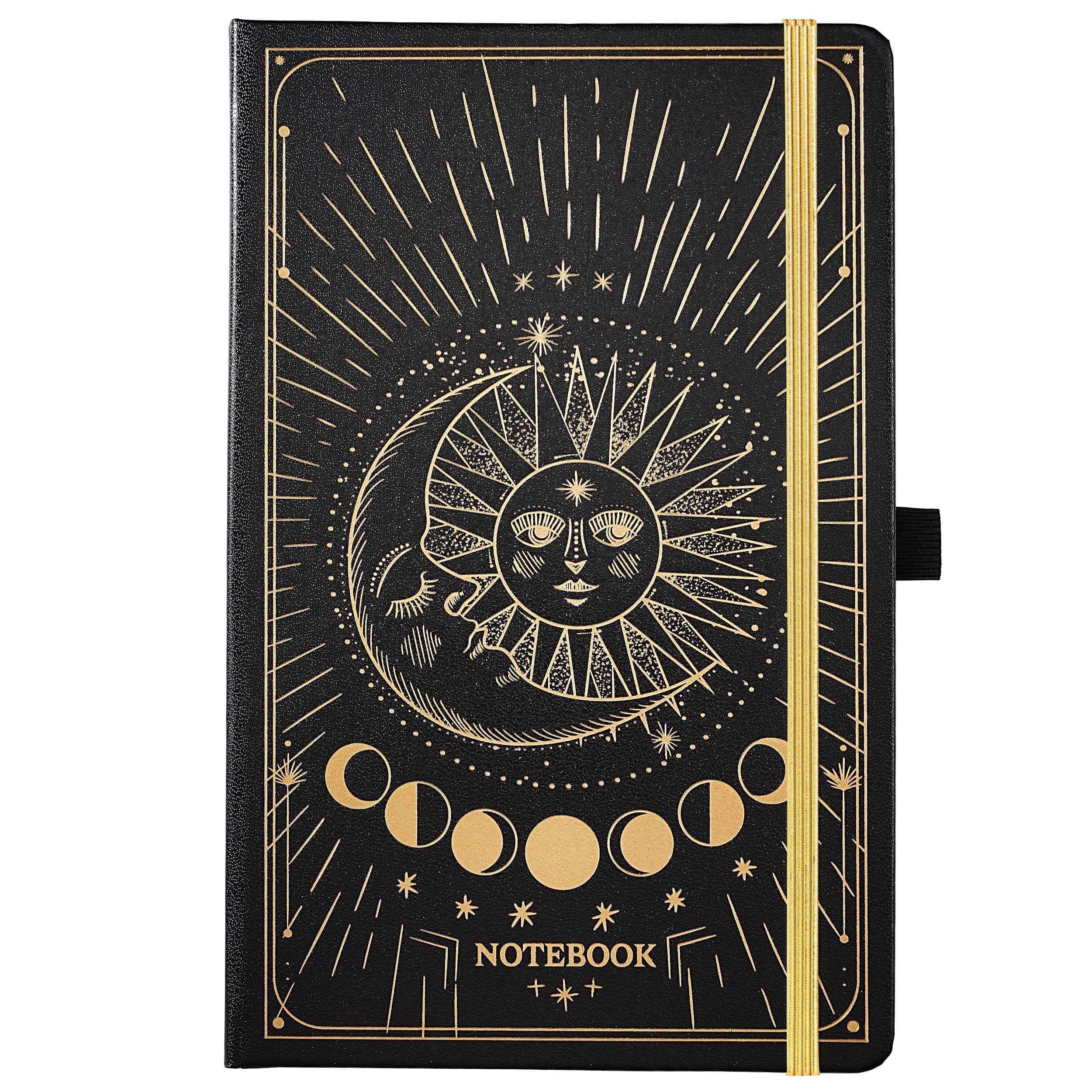 Artfan Ruled Notebook/Journal – Premium Thick Paper Faux Leather Classic Writing Notebook with Pocket + Page Dividers Gifts, Banded, Large, 144 Pages, Hard Cover, Lined (5.8 x 8.4) - Sun and Moon