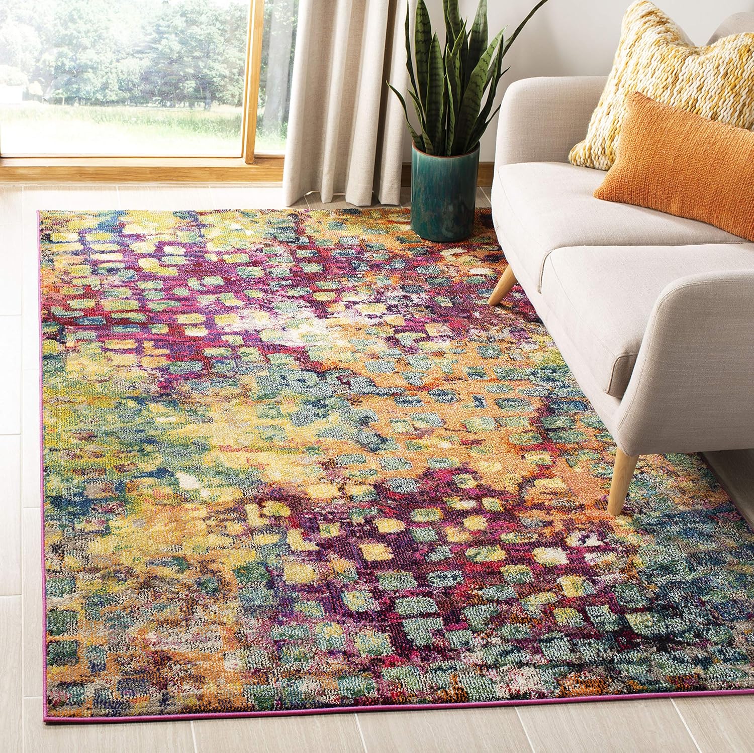 SAFAVIEH Monaco Collection Area Rug - 5'1" x 7'7", Pink & Multi, Boho Chic Abstract Watercolor Design, Non-Shedding & Easy Care, Ideal for High Traffic Areas in Living Room, Bedroom (MNC225D)