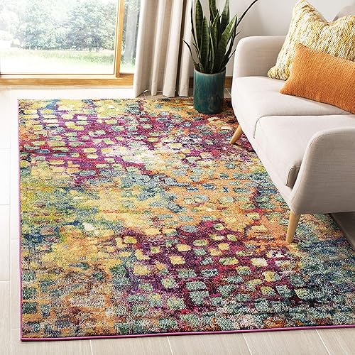 SAFAVIEH Monaco Collection Area Rug - 5'1" x 7'7", Pink & Multi, Boho Chic Abstract Watercolor Design, Non-Shedding & Easy Care, Ideal for High Traffic Areas in Living Room, Bedroom (MNC225D)