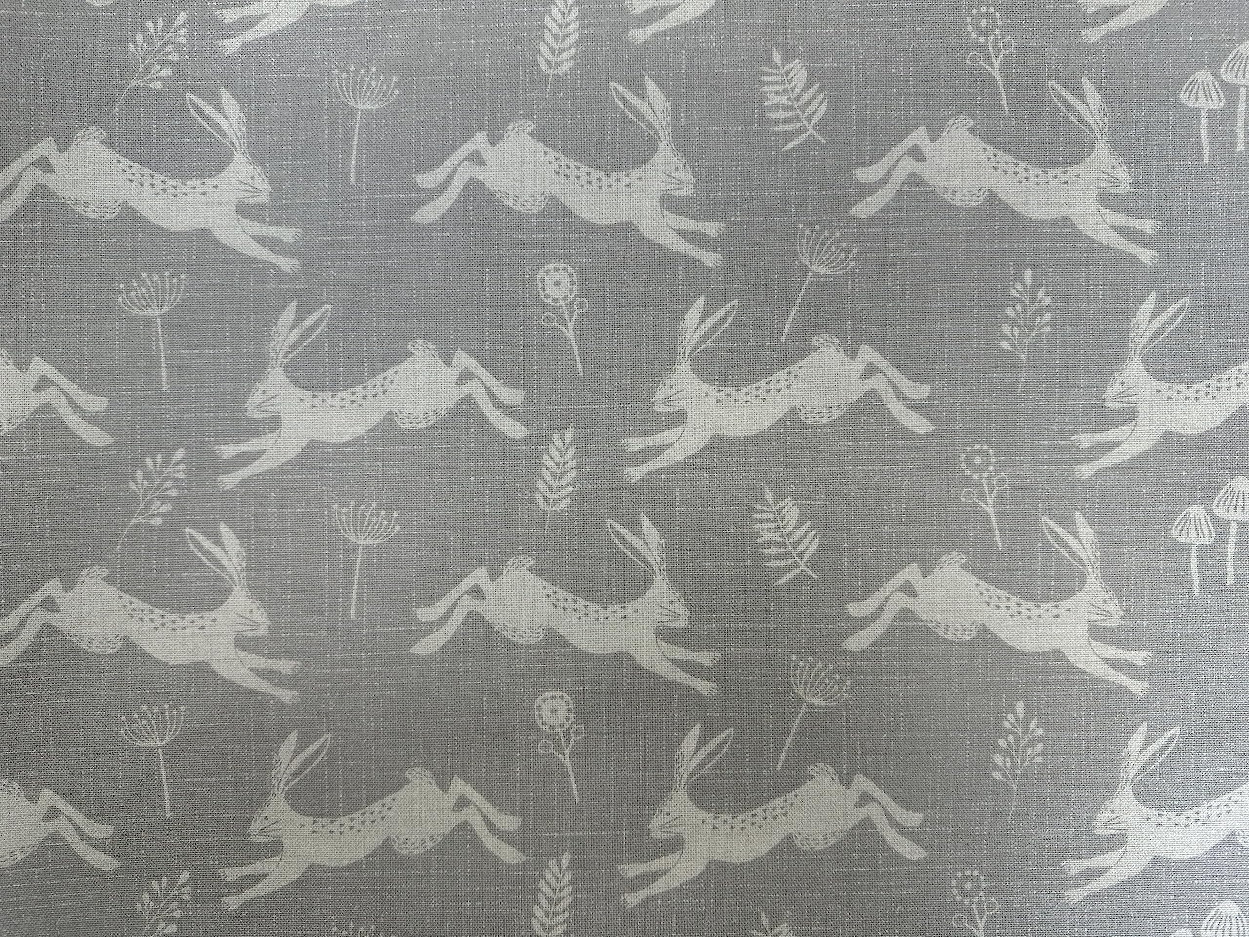 Fryett's Cotton Curtain Upholstery Fabric - 'Jump' Silver Rabbit Hare Print on Grey - Width 140cm - Home Furnishings Craft Projects Material Per Metre