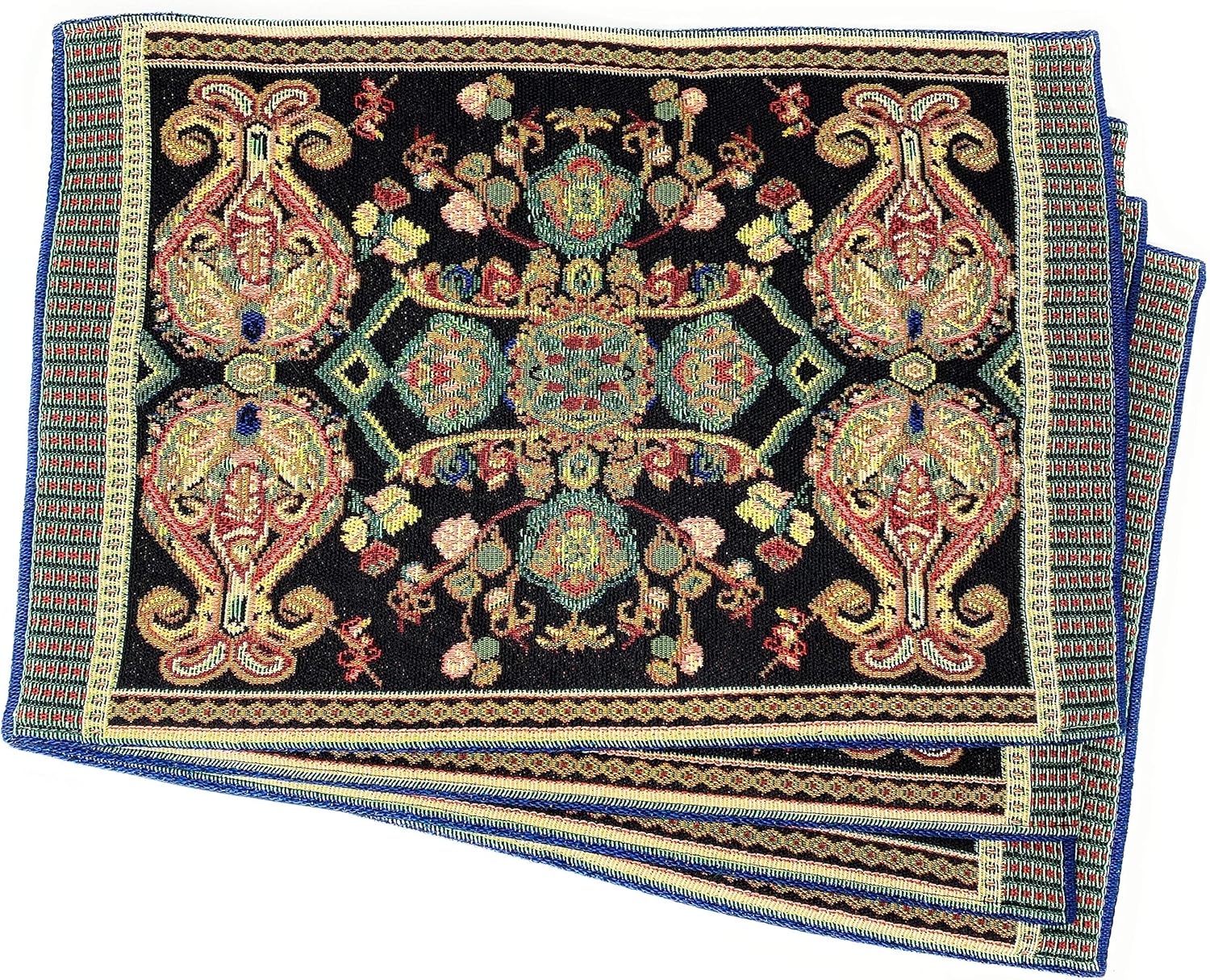 Tache Black Placemats Set of 4 Rococo Elegant Ornate Green Dining Cotton Linen Bohemian Baroque Tapestry Woven Paisley Cloth Table Mat
