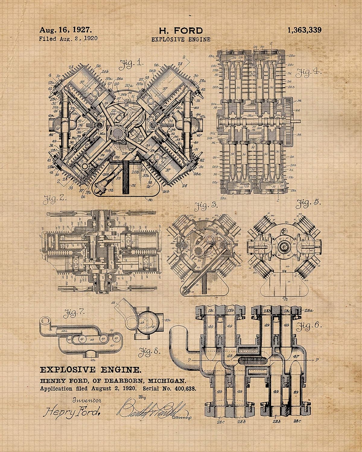 Vintage Henry Ford Engine Parts Patent Prints, 6 (8x10) Unframed Photos, Wall Art Decor for Home Work Office Race Car Gears Garage Motorsport Shop Technical School Student Teacher Coach Builder