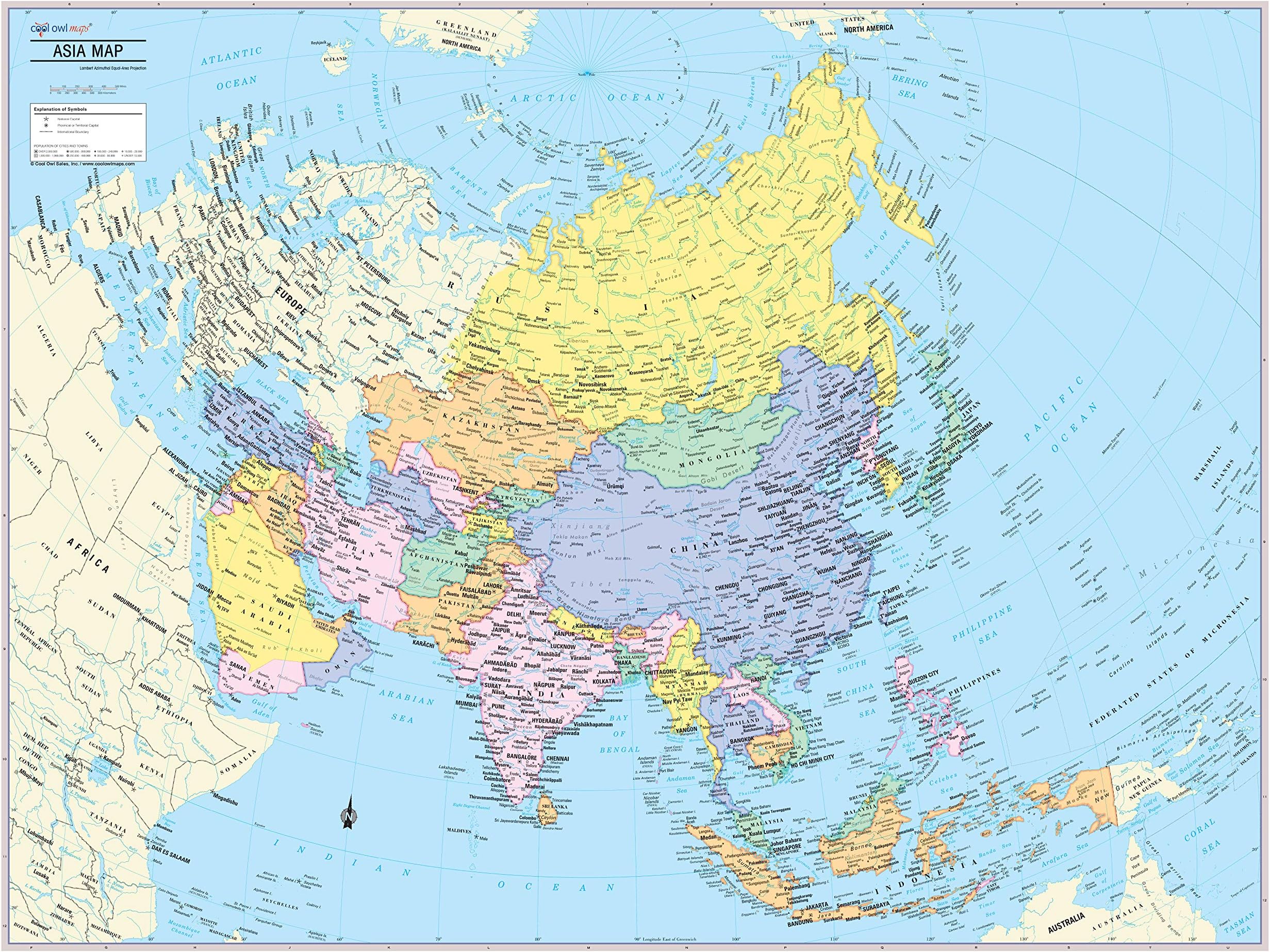 Cool Owl Maps Asia Continent Wall Map Poster (Laminated 32"x24")