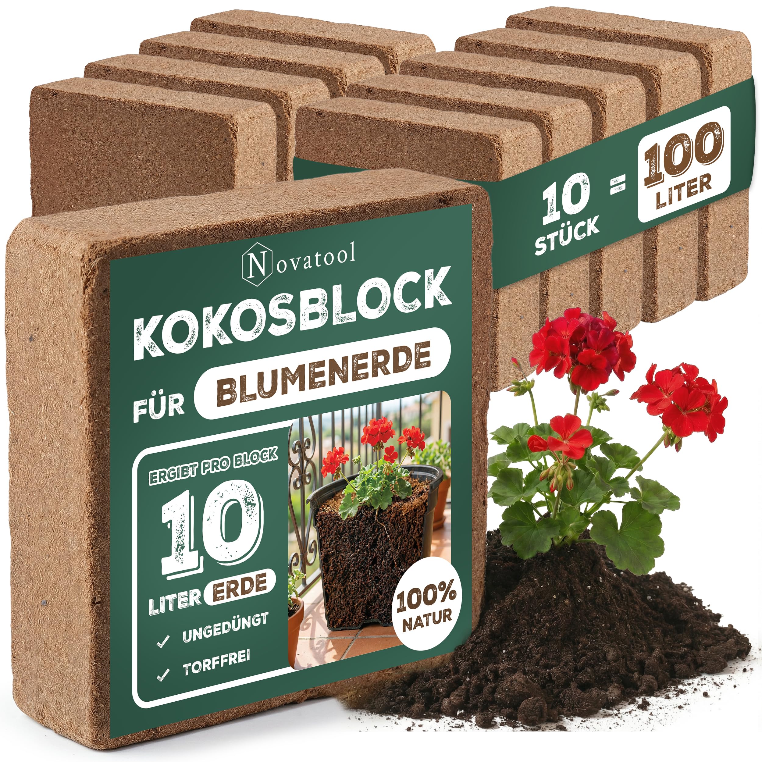 Novatool Lot de 10 tuiles en coco avec sac de terre de coco - 100 litres - 750 g - 19 x 18 x 5 cm - Terre de coco fine - Pastilles de coco et de substrat - Terreau de fleurs de coco