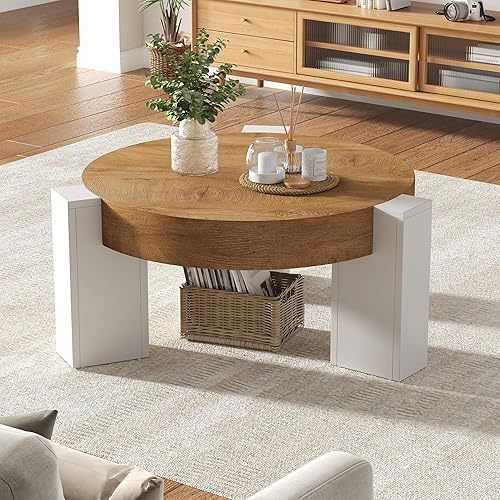 Miniatura 3 de Round Coffee Table, Heavy Duty Center Tables with Annual Ring Pattern, Farmhouse 31.5" Wooden Coffee Table and 3.1" Thick Desktop, Circular Side