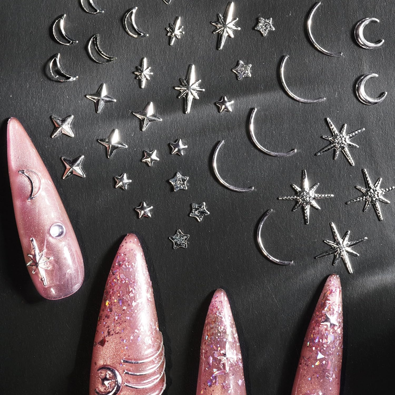 600 pcs Silver Nail Charms with Star and Moon Shapes (12 Grids) – Metal charms Kit with Tweezers & Pick-Up Pencil, Star Nail Charms, Moon Charms, Aesthetic Nail Gems for DIY Manicure kit for women