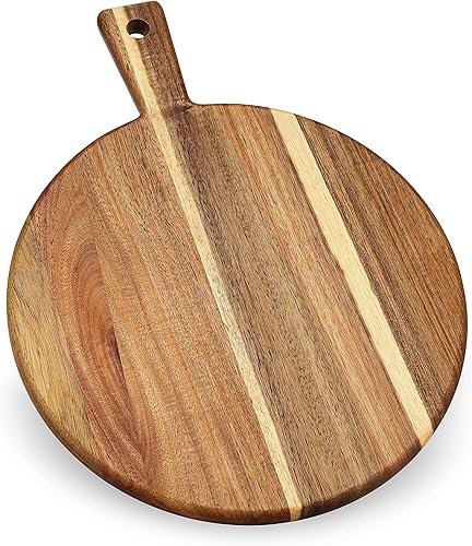 Vista 17 de Tabla de cortar de madera de acacia y tabla de cortar con mango para carne, tabla de queso, verduras, pan y embutidos – Tabla decorativa de madera