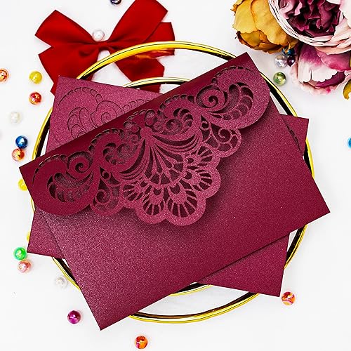 Builcker 20 tarjetas de invitación de corte láser, color borgoña, tarjeta de felicitación, fiesta de graduación, boda, fiesta de cumpleaños,