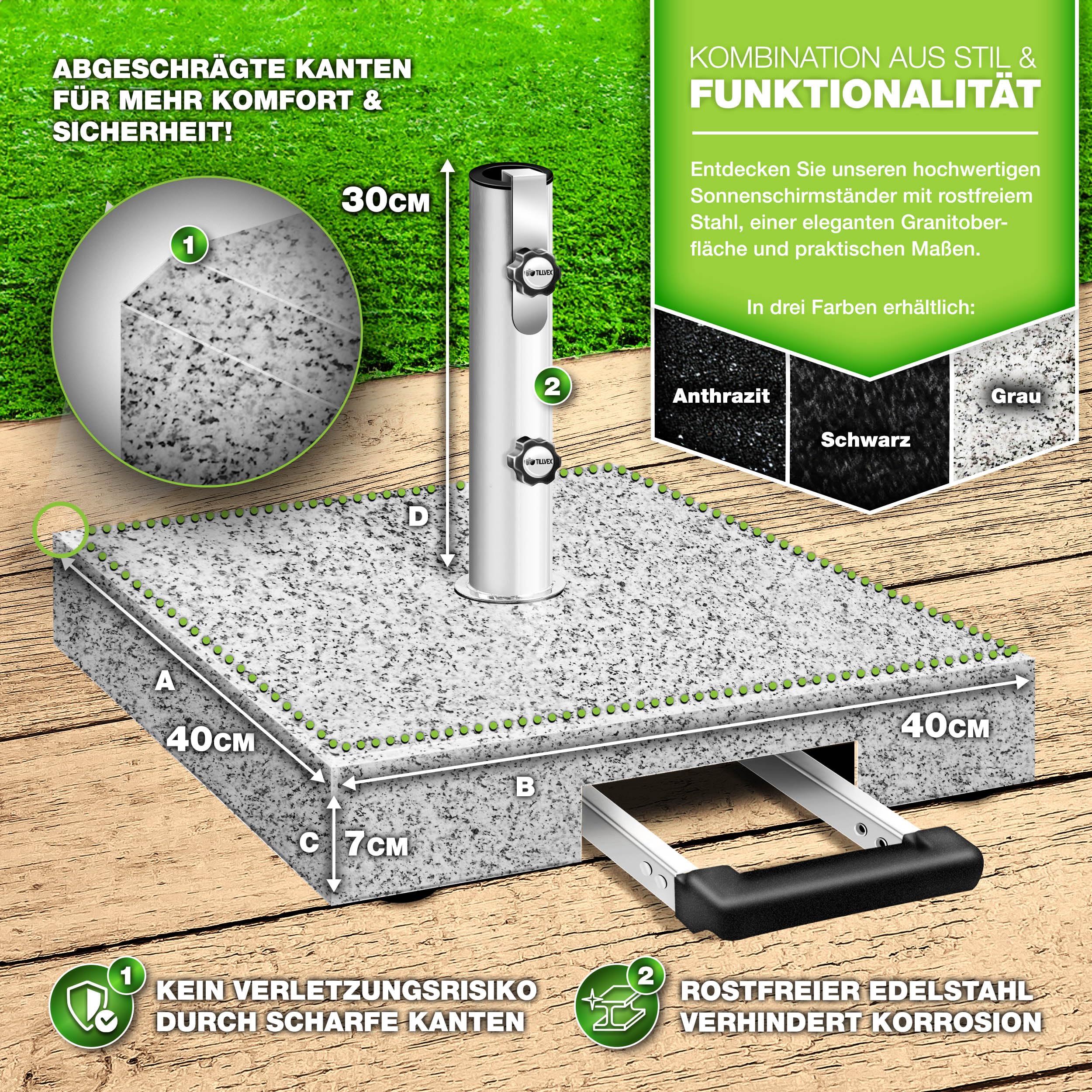 tillvex® Granit Sonnenschirmständer mit Edelstahlrohr | Schirmständer Sonnenschirm für Schirmstöcke 16-48mm & 300cm Schirmdurchmesser mit Transportgriff (Grau, Eckig mit Trolley-Griff)
