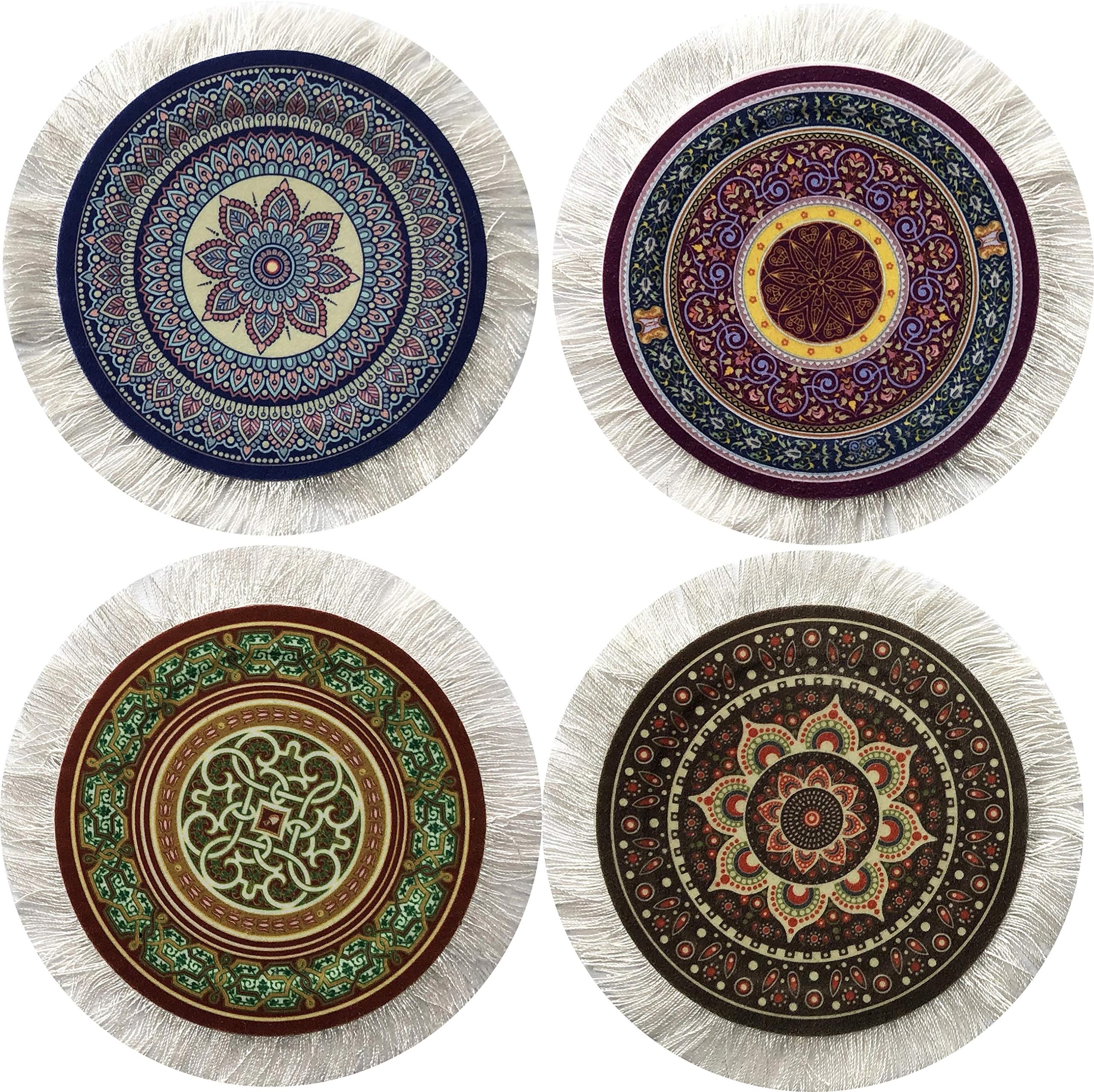 Turkish Rug Coasters Set of 4 – Round Carpet-Style Drink mats with Fringe, No...