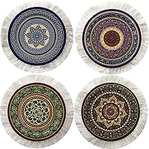 Turkish Rug Coasters Set of 4 &ndash; Round Carpet-Style Drink mats with Fringe, Non-Slip Backing, Decorative Home Accent | Dining Accessory