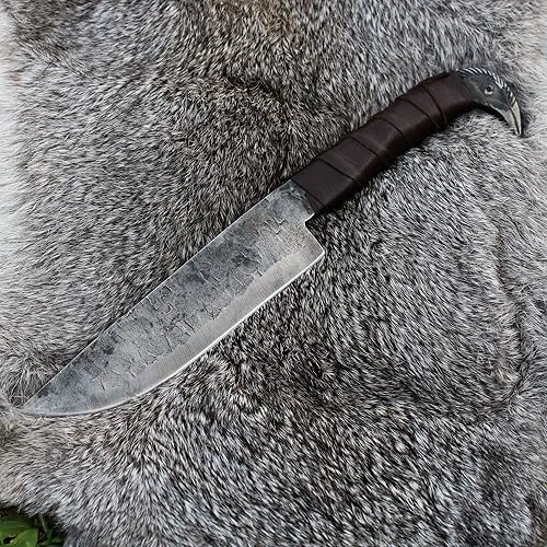 Miniatura 4 de Cuchillo Odin's Raven estilo vikingo nórdico de 10.3" - Hoja de acero al carbono forjada a mano de 6.5", empuñadura con cabeza de cuervo y funda de