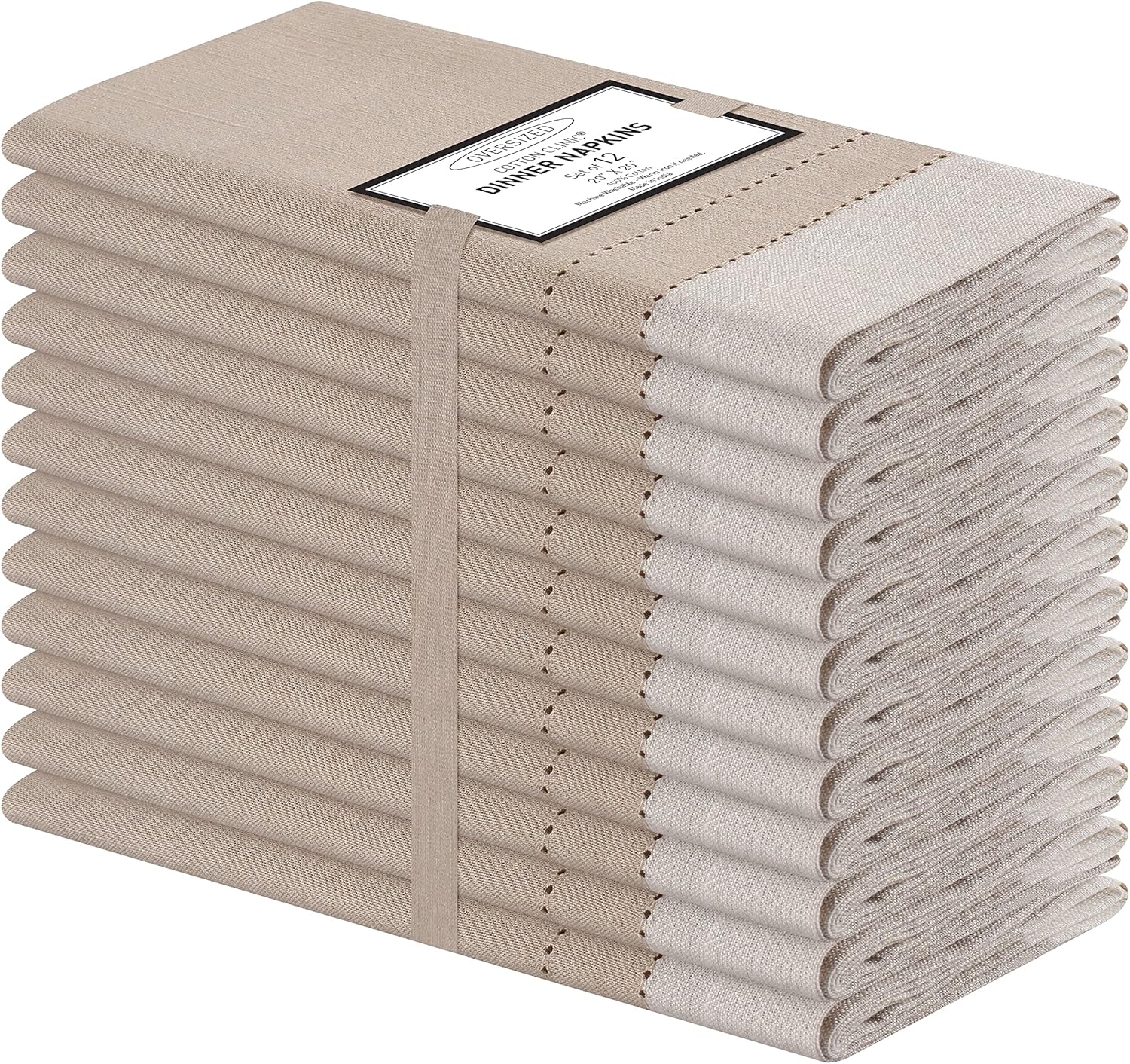 Cotton Clinic Set of 12 Hemstitch Cloth Napkins 100% Cotton 20X20 inches - Ultra Soft Absorbent Restaurant Hotel Quality - Cocktail Napkins Wedding Dinner Napkins - Washable Cloth Napkins Beige