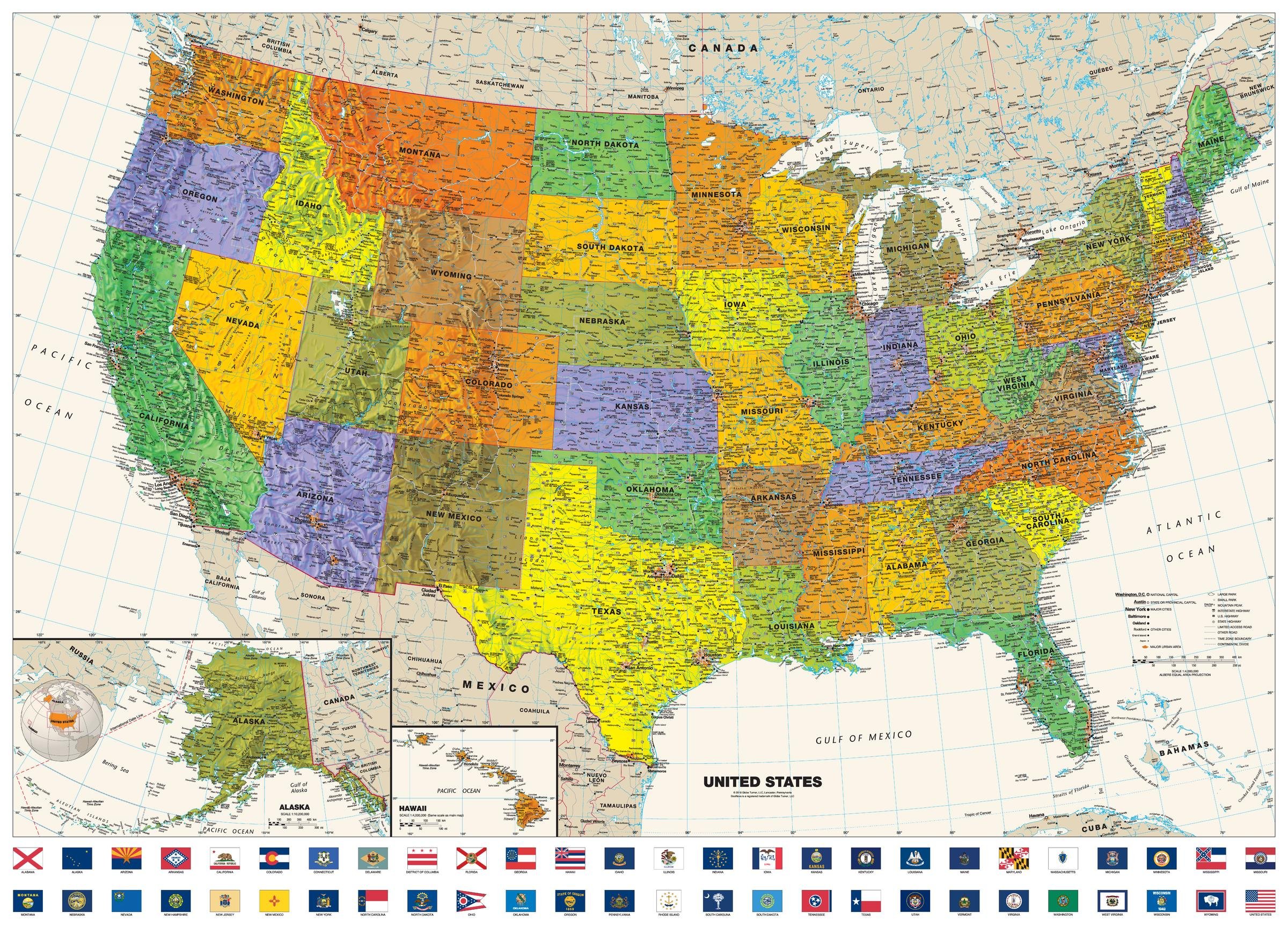 Contemporary USA Wall Map with Flags - 50" x 36" Art Quality Print