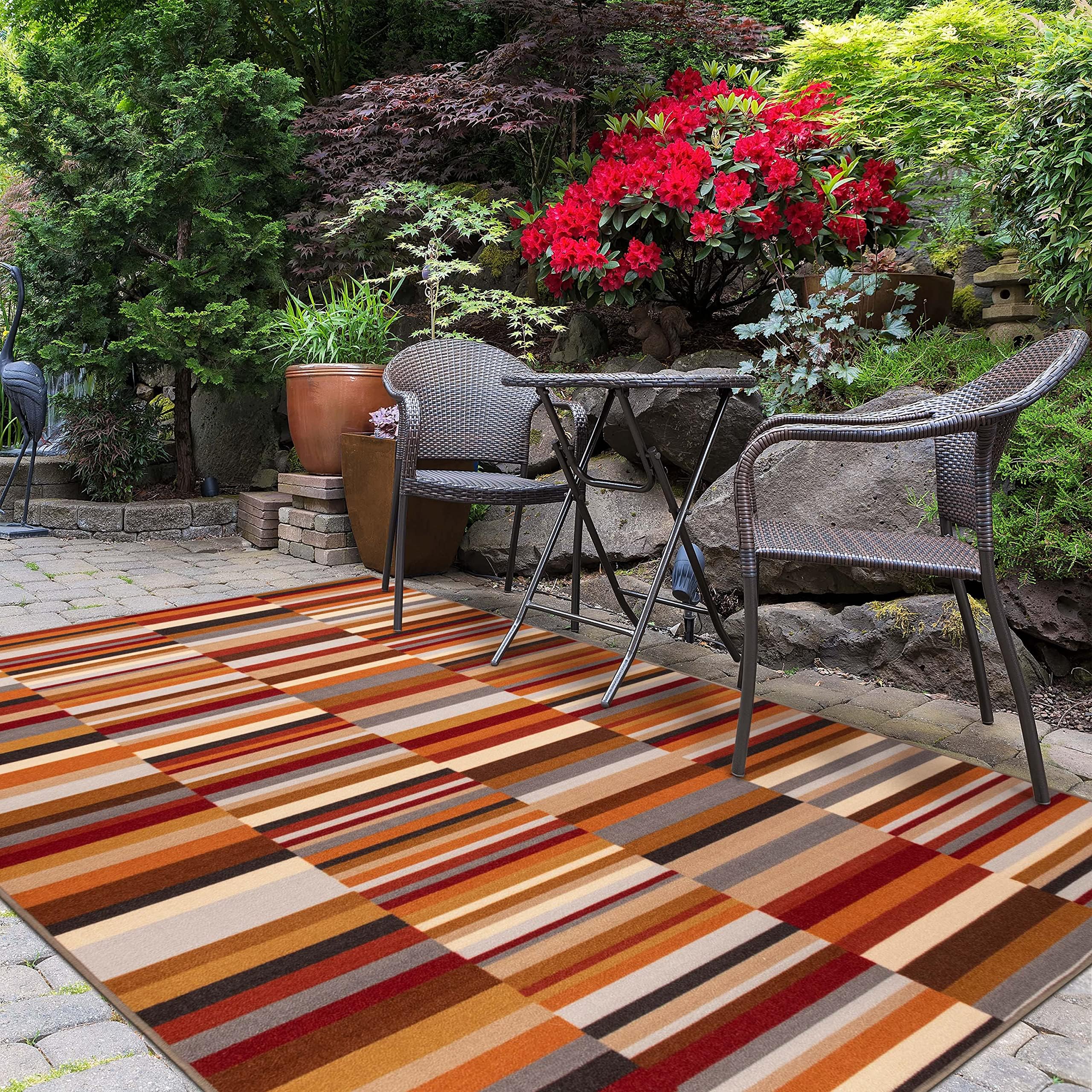 SUPERIORIndoor Outdoor Non-Slip Area Rug, Machine Washable Rugs, Living Room, Bedroom, Kitchen, Dining, Office, Entryway, Hallway, Modern Striped Block Floor Decor, Arden Collection, 8' x 10', Taupe