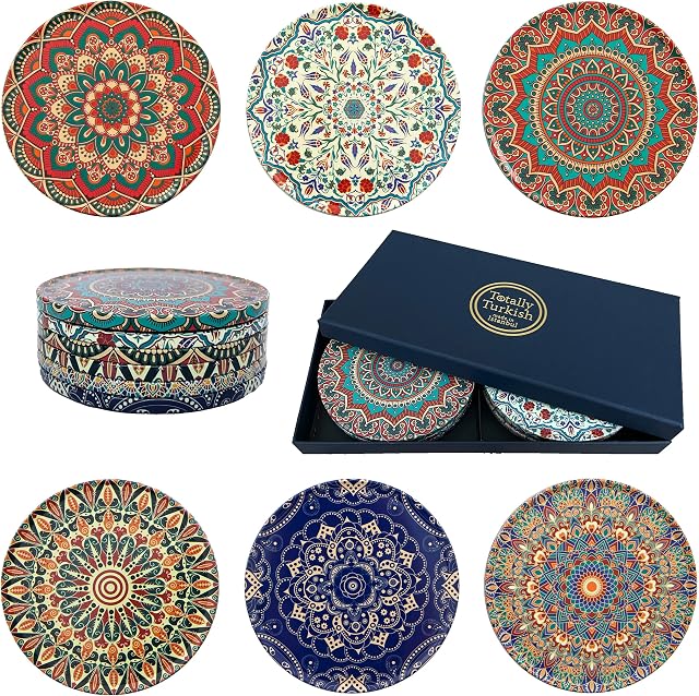 Totally Turkish Patterned Drink Coasters Set of 6 Giftable Design Drinks Mat Set Non-Scratch Top & Non-Slip Cork Base (Anatolia)