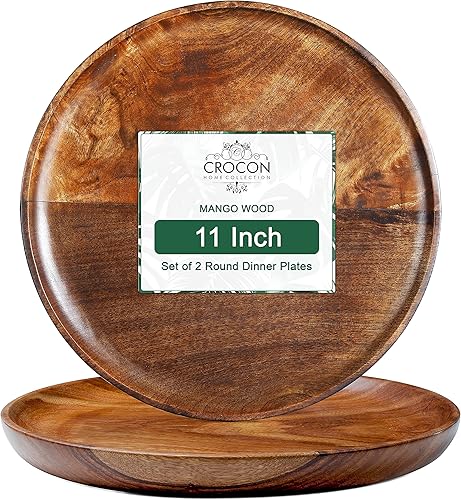 Platos llanos de madera de mango, juego de 2 platos redondos para servir, bandeja para servir queso y café, platos de frutas para cena de fiesta,
