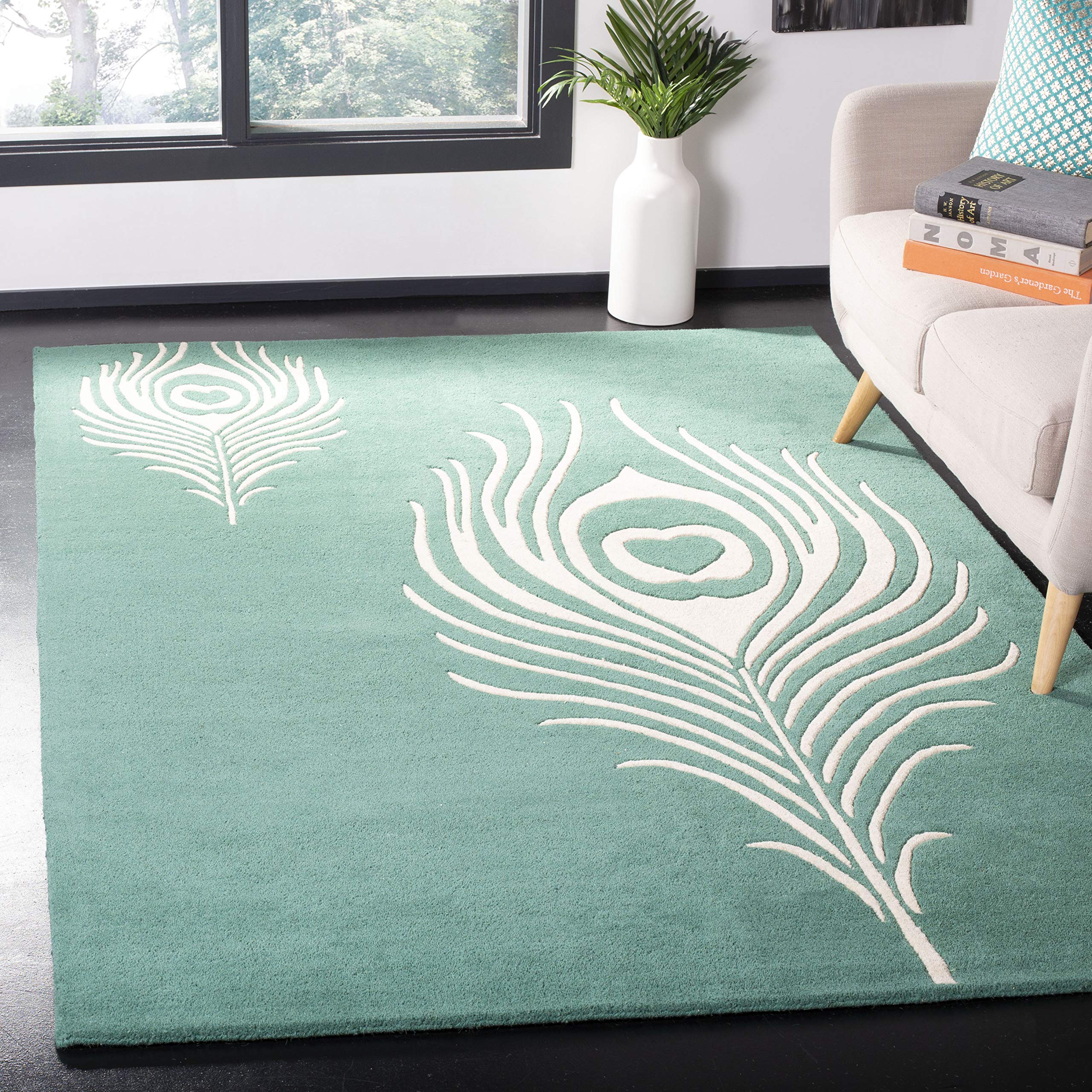 Safavieh Soho Collection SOH704T-4 Handmade Teal/Ivory Wool Area Rug, 3-Feet 6-Inchx5-Feet 6-Inch