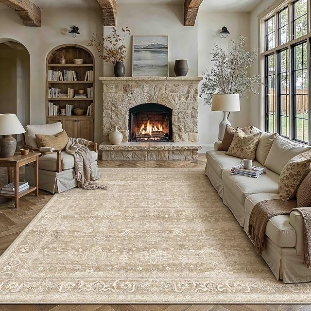 Lavable Rug zone 8x10 pour le salon Beige Vintage Carpet , non glissant, doux bas pile, ferme Rustique traditionnel, pour le séjour chambre salle à manger salon, Tapis slaon