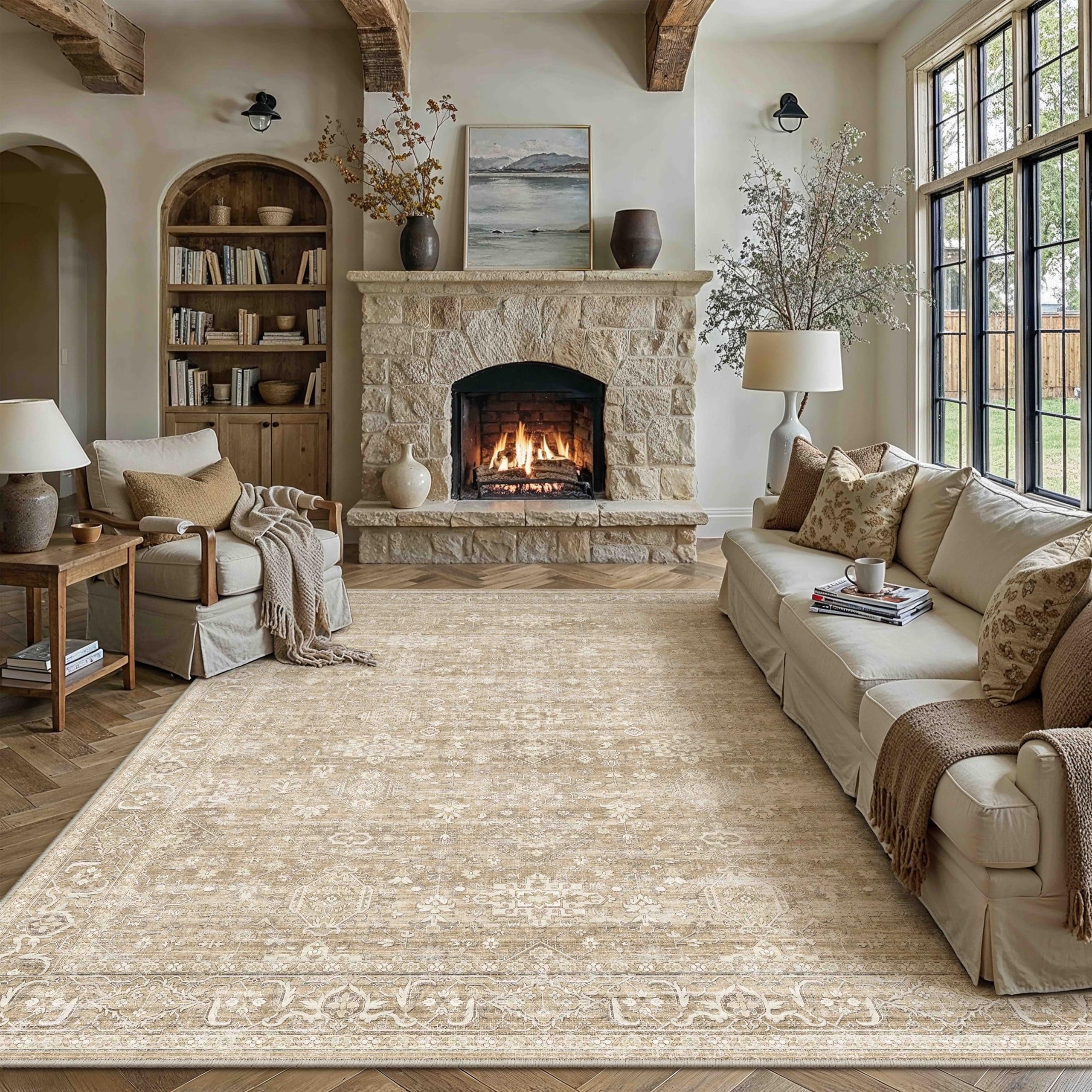 PureCozy Vintage Teppich Wohnzimmer 200x300cm Beige Schlafzimmer Wohnzimmerteppich Waschbarer Carpet Weich rutschfest Teppiche Esszimmer Büro Kurzflor Groß Tepich Carpets Rug