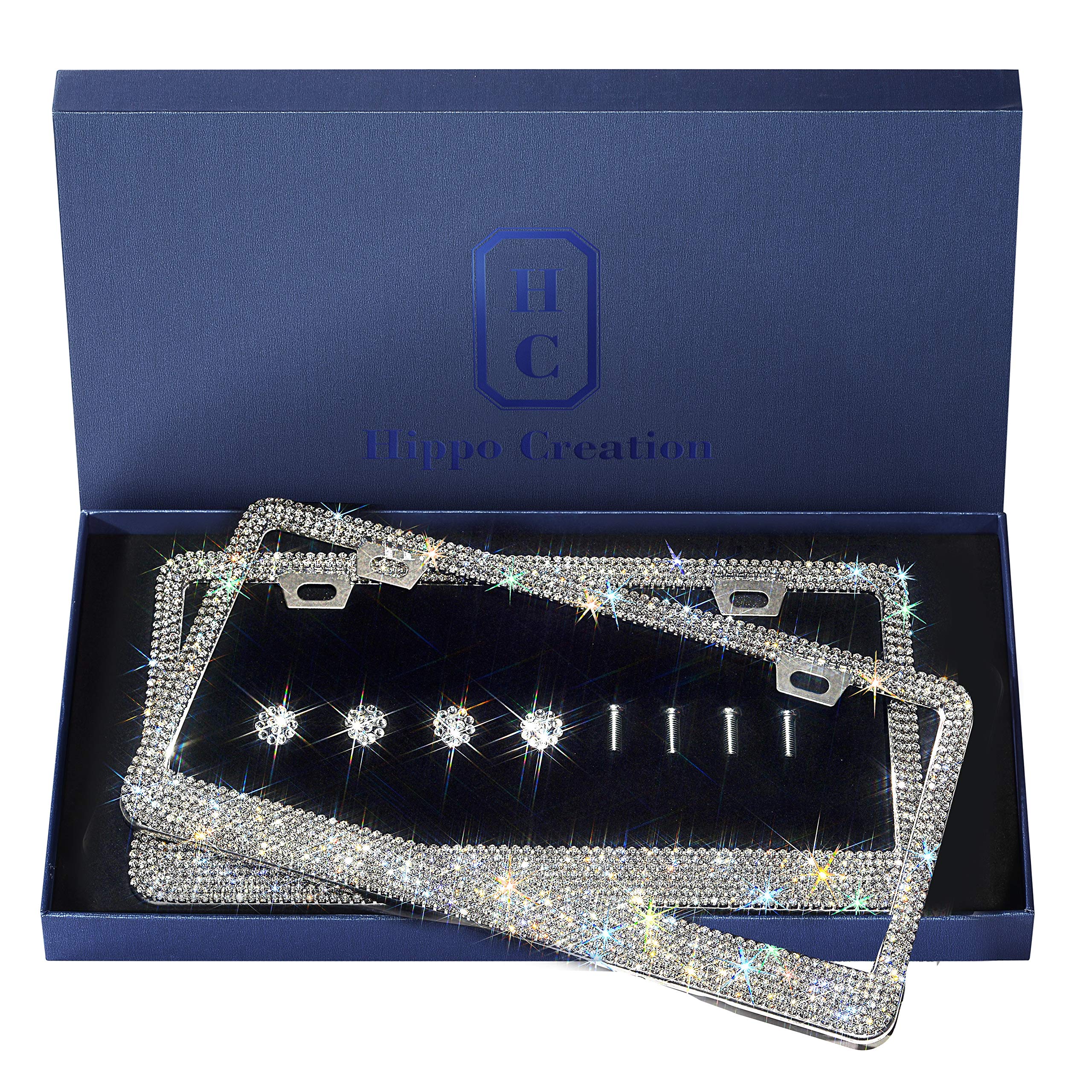 Handcrafted Bling License Plate Frames for Women, Men | 2 Pack Bedazzled Cover with Glittery Screw Caps | Stainless Steel Diamond Rhinestone License Plate Frame/Cover | Giftbox Included-White Prong