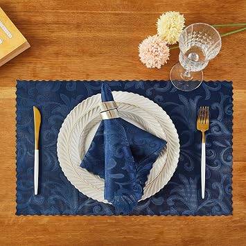 8 Pieces Wave Scroll Damask Jacquard Deep Sea Blue Placemats,13 x 19 inch Protect Surface Heat and Stain Resistant Dinner Mats