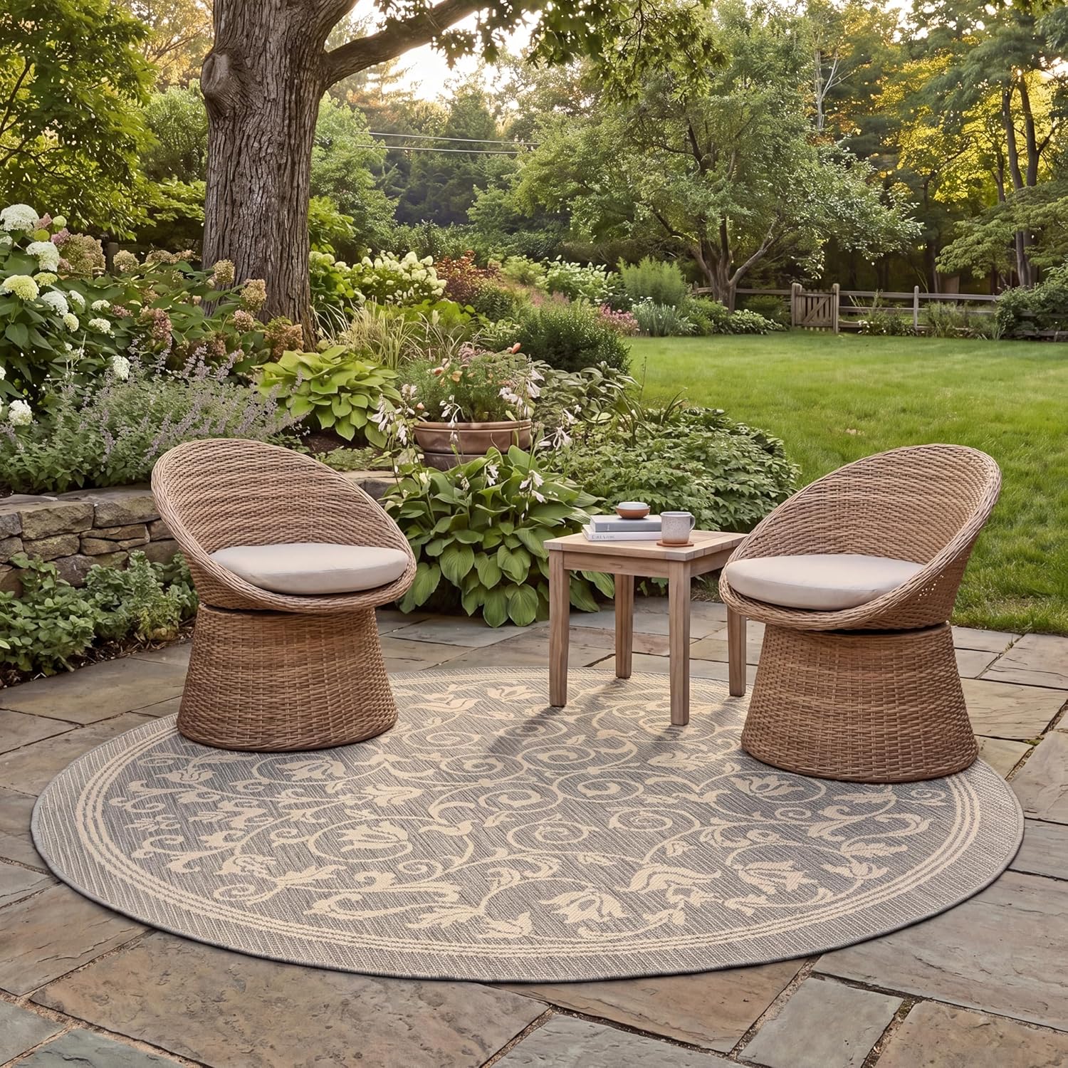 SAFAVIEH Washable Rug Outdoor Courtyard Collection - 5'3" Round, Grey & Natural, Non-Shedding & Easy Cleaning, Ideal for Patio, Backyard, Mudroom (CY2098-3606)