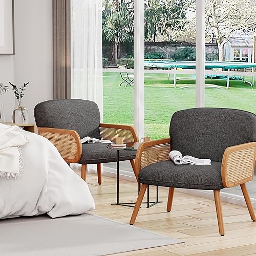 Miniatura 10 de Juego de 2 sillas decorativas modernas, sofá con reposabrazos de ratán natural y patas de madera maciza, silla de lectura tapizada, cómoda silla de