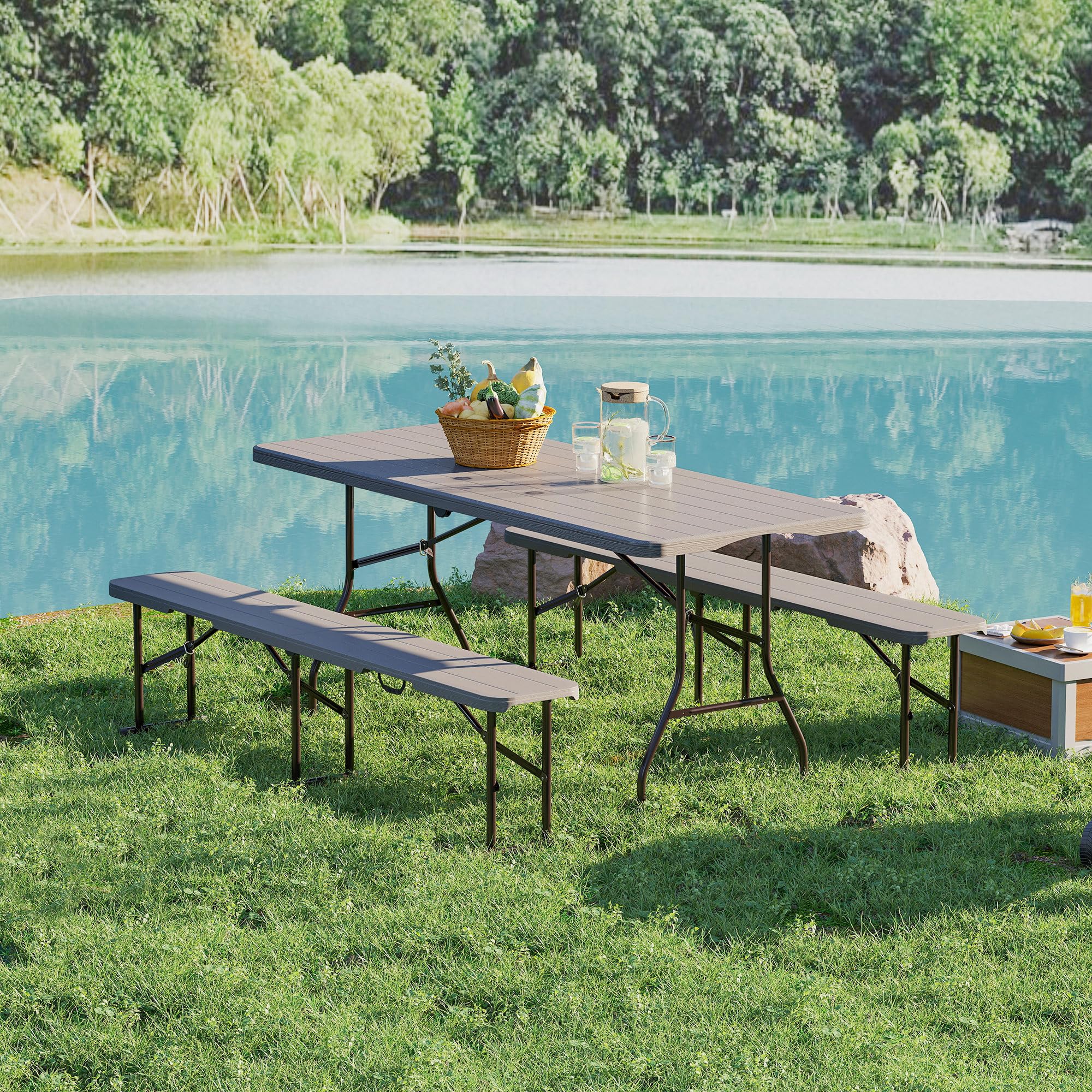Outsunny Conjunto de Camping Plegable de 3 Piezas Mesa Plegable Camping con Bancos Incluye 1 Mesa 180x74x74 cm y 2 Bancos Efecto Madera Impermeable para Acampadas Jardín Pícnic Marrón