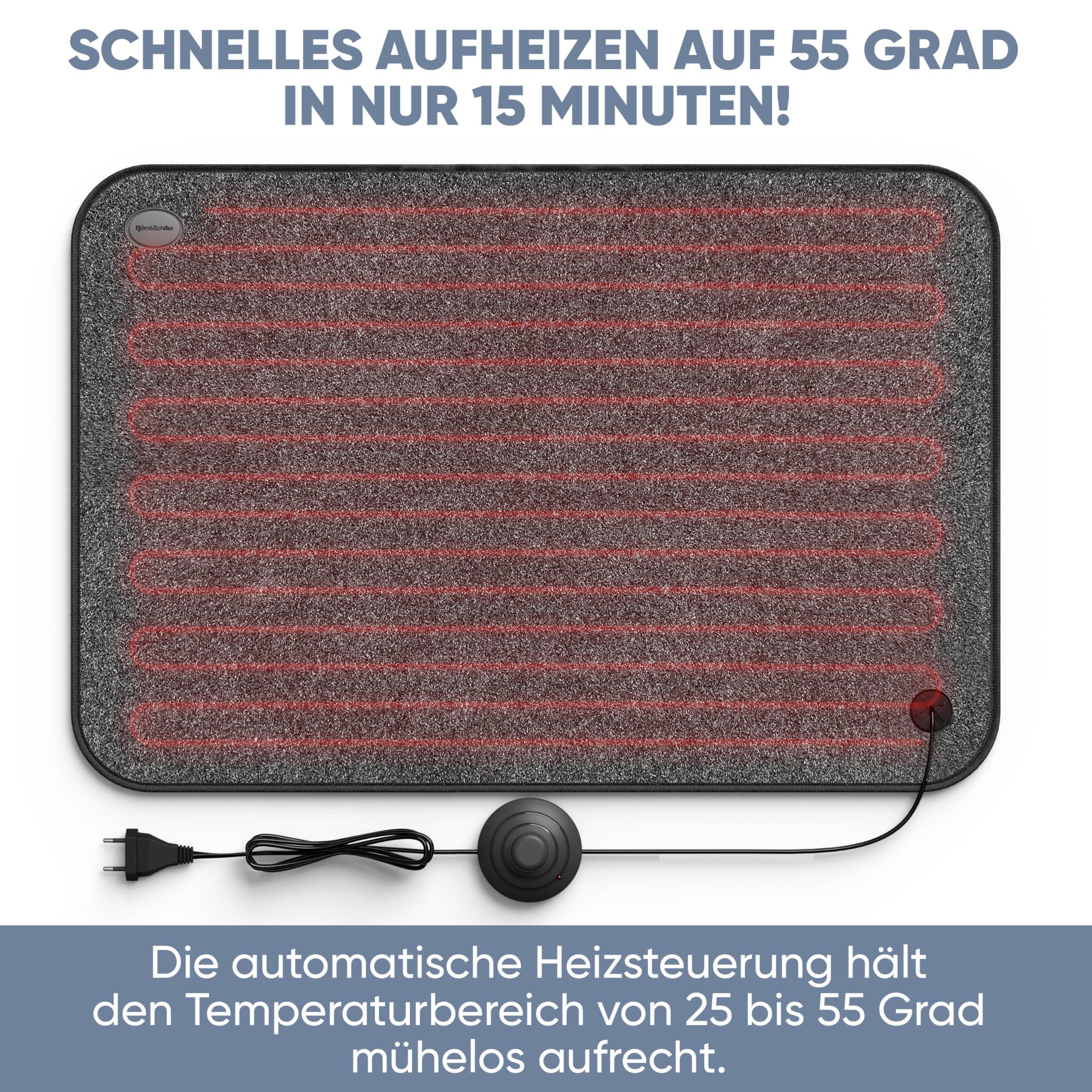 Björn&Schiller elektrischer Heizteppich mit Fußschalter, Heizmatte Fussboden, 75 Watt, Wärme für Füße, 40x60 cm, beheizbare Fußmatte für Büro und zu Hause, 210cm Kabel
