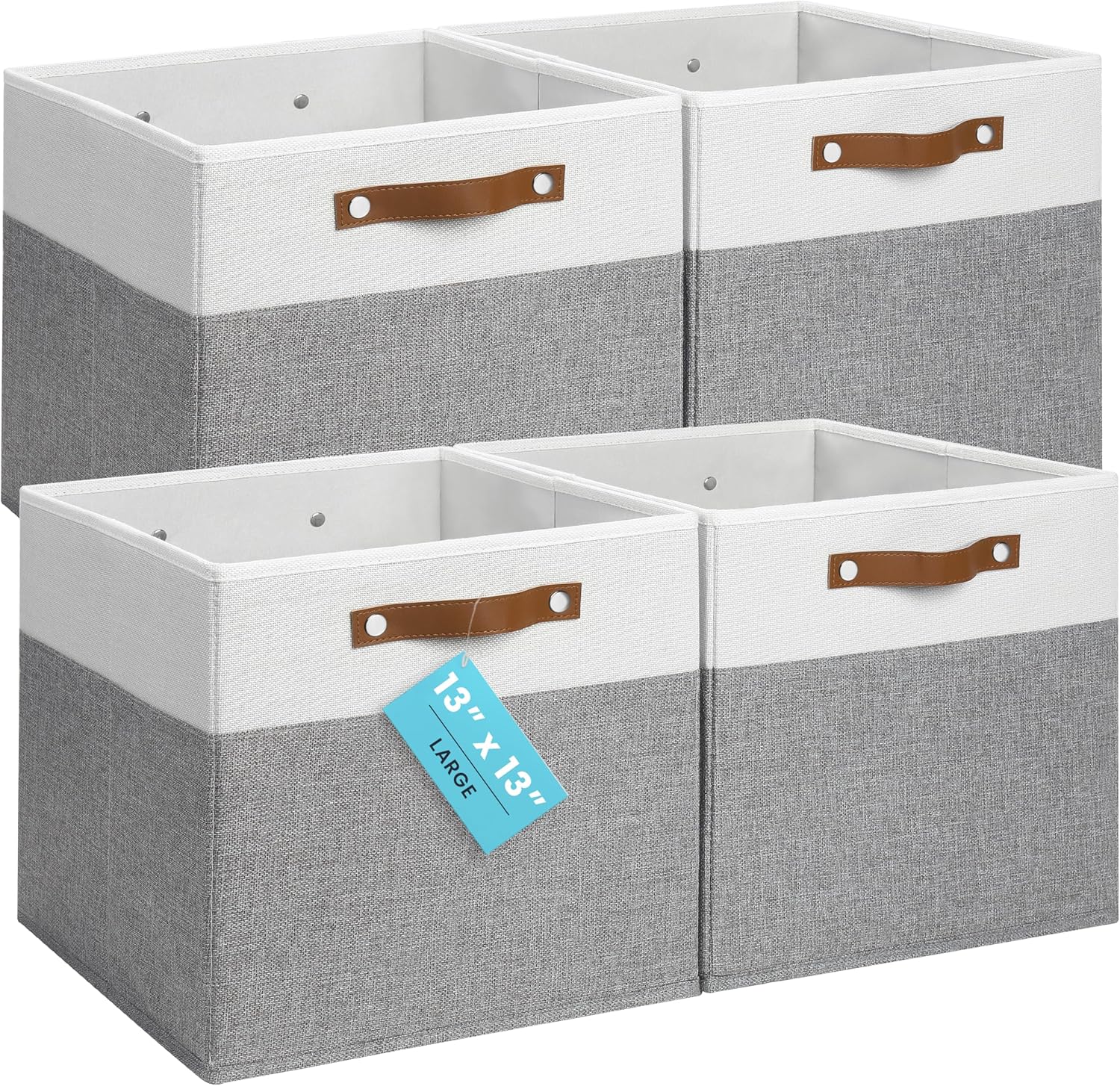 OrganiHaus 13" x 13" x 13" Cube Fabric Storage Bins Set of 4, Fabric Storage Cubes w/ Vegan Handles, 13 inch Collapsible Bins for Clothes & Toys Organizer, 13x13 Basket for Decor - Grey/White