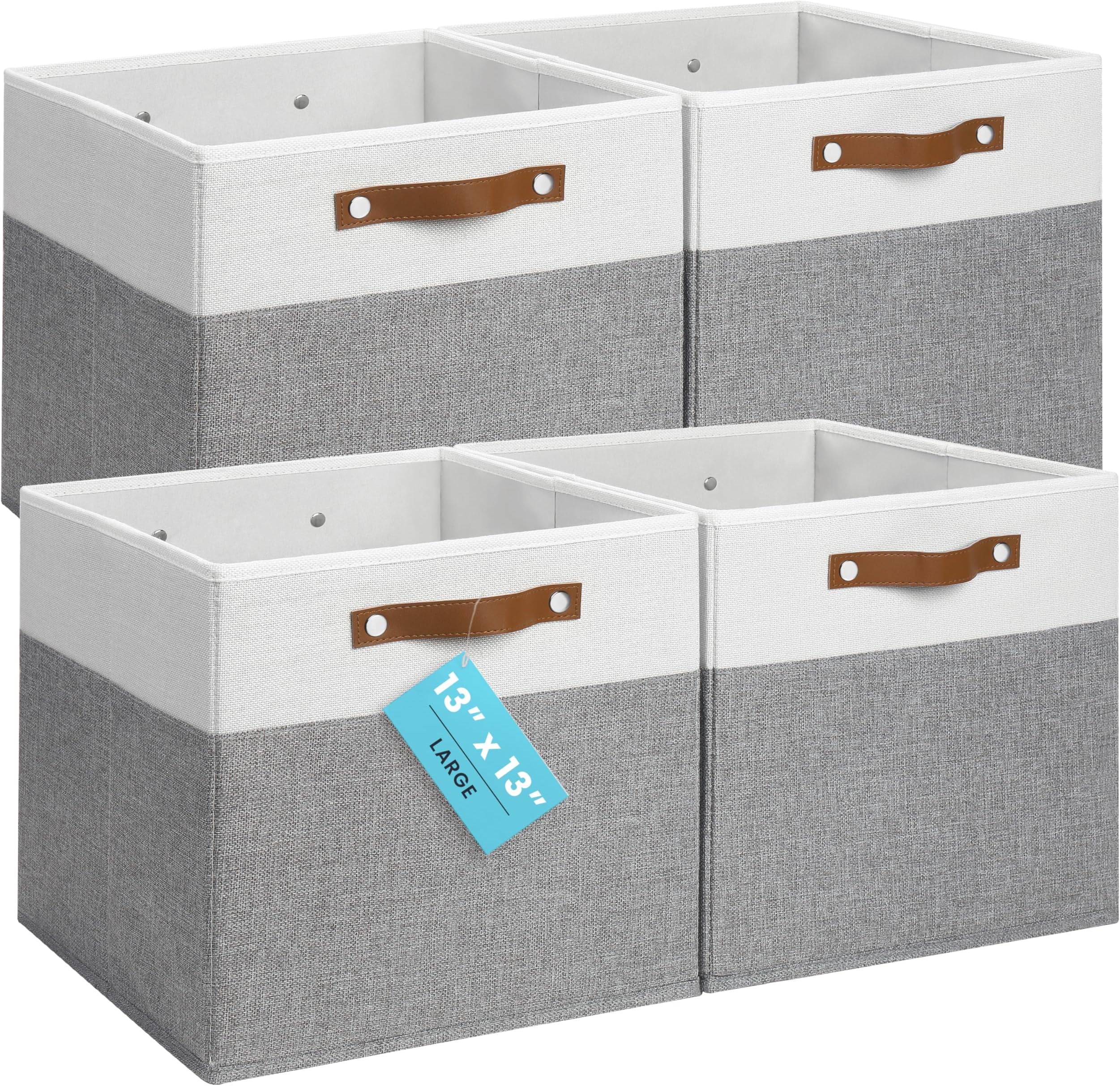 OrganiHaus 13" x 13" x 13" Cube Fabric Storage Bins Set of 4, Fabric Storage Cubes w/ Vegan Handles, 13 inch Collapsible Bins for Clothes & Toys Organizer, 13x13 Basket for Decor - Grey/White