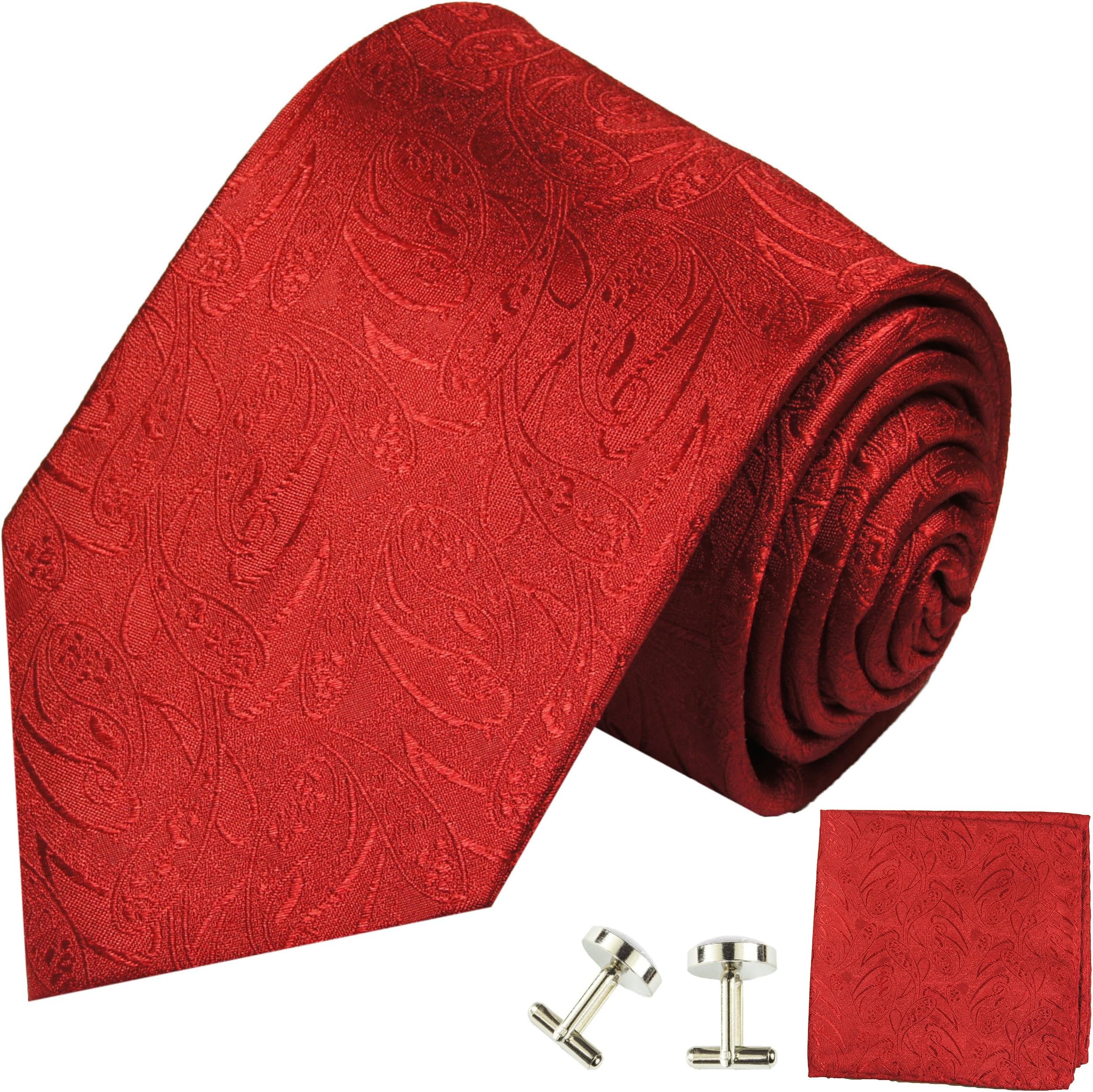 Paul Malone Necktie, Pocket Square and Cufflinks 100% Silk Red Paisley