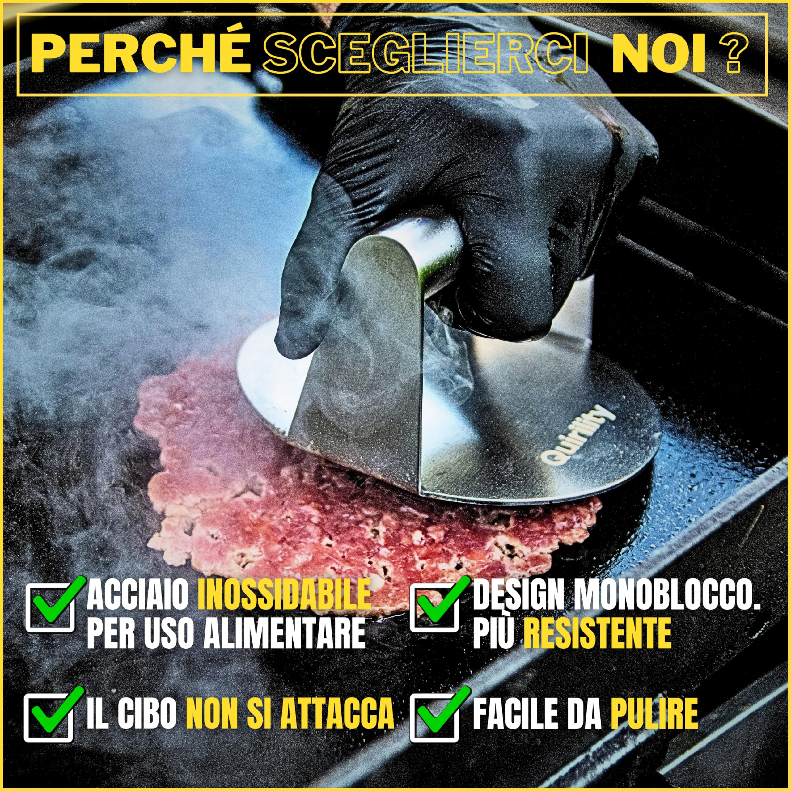 Pressa Per Smash Burger In Acciaio Inox - Kit Completo Con Anello Uova E Dispenser Spezie