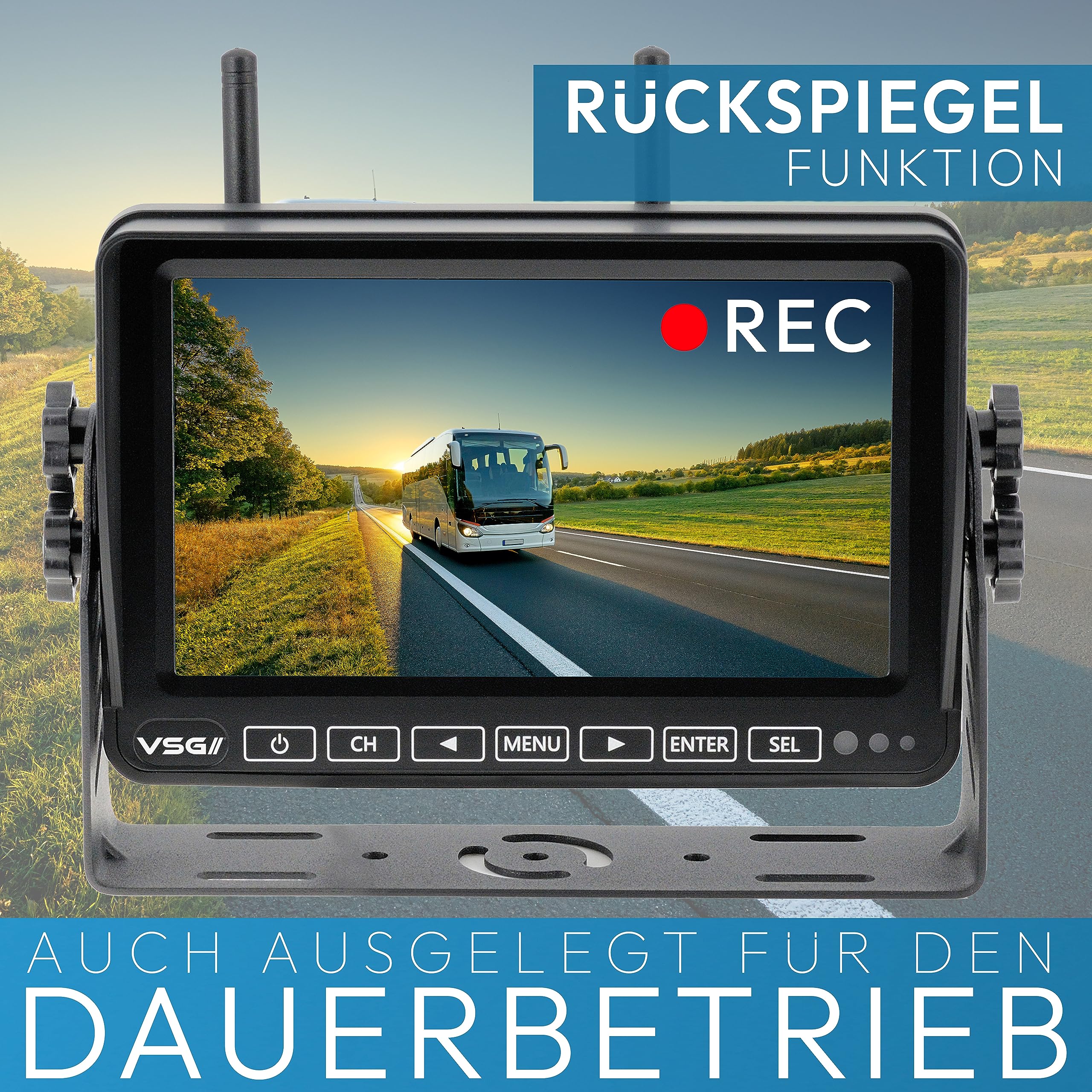 VSG24 Element HD Funk Rückfahrkamera Set – 7 Zoll HD Monitor – wetterfeste IP68 Akku-Magnetkamera – 140° Weitwinkel – 21 m Funkreichweite – für Wohnmobil, Pferdeanhänger & Transporter