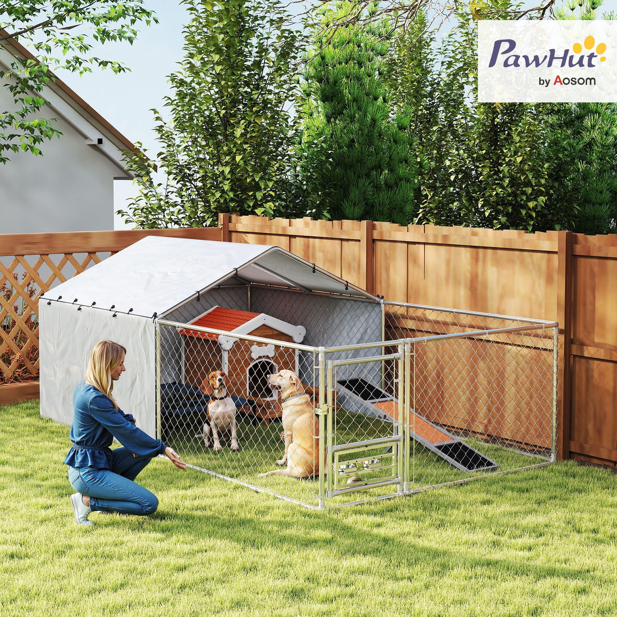 PawHut Kennel Clôture pour chiens d'extérieur avec toit anti-UV imperméable et bols rotatifs, boîte de rangement pour chiens de taille moyenne et grande avec porte avec verrouillage en acier, 400 x