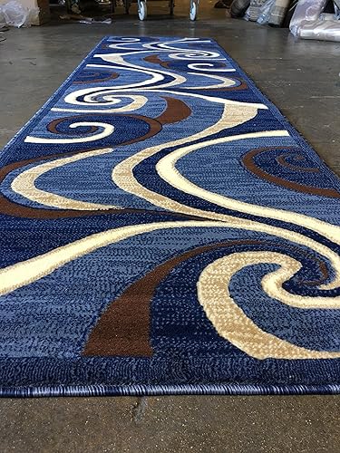 Miniatura 2 de Americana Alfombra moderna de pasillo largo con diseño de remolino azul y marrón, 144 (32 pulgadas x 10 pies)