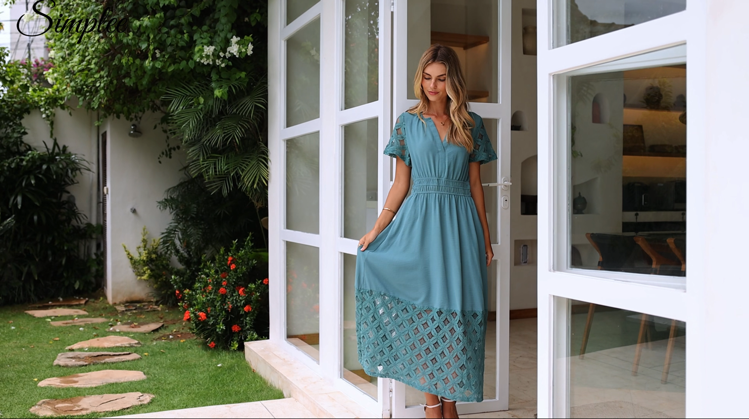 Simplee Womens Summer Boho Maxi Dresses Lace Short Sleeve Long Flowy Semi Formal Wedding Guest Dress with Pockets (Beige S) at Amazon Women's Clothing store